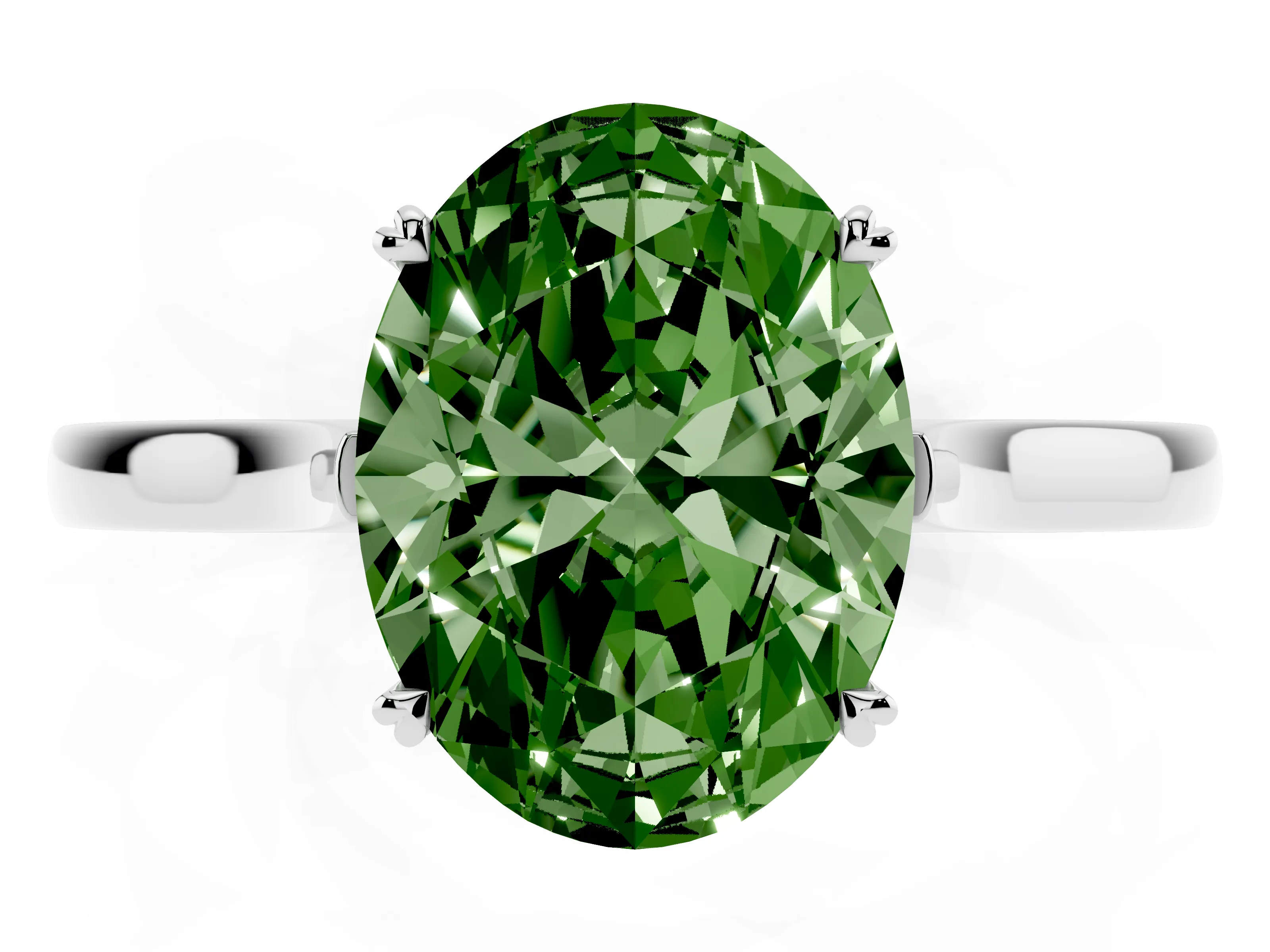Fancy Green Oval Cut Diamond Solitaire Heart Prong Engagement Ring Set in Platinum with Tapered Band