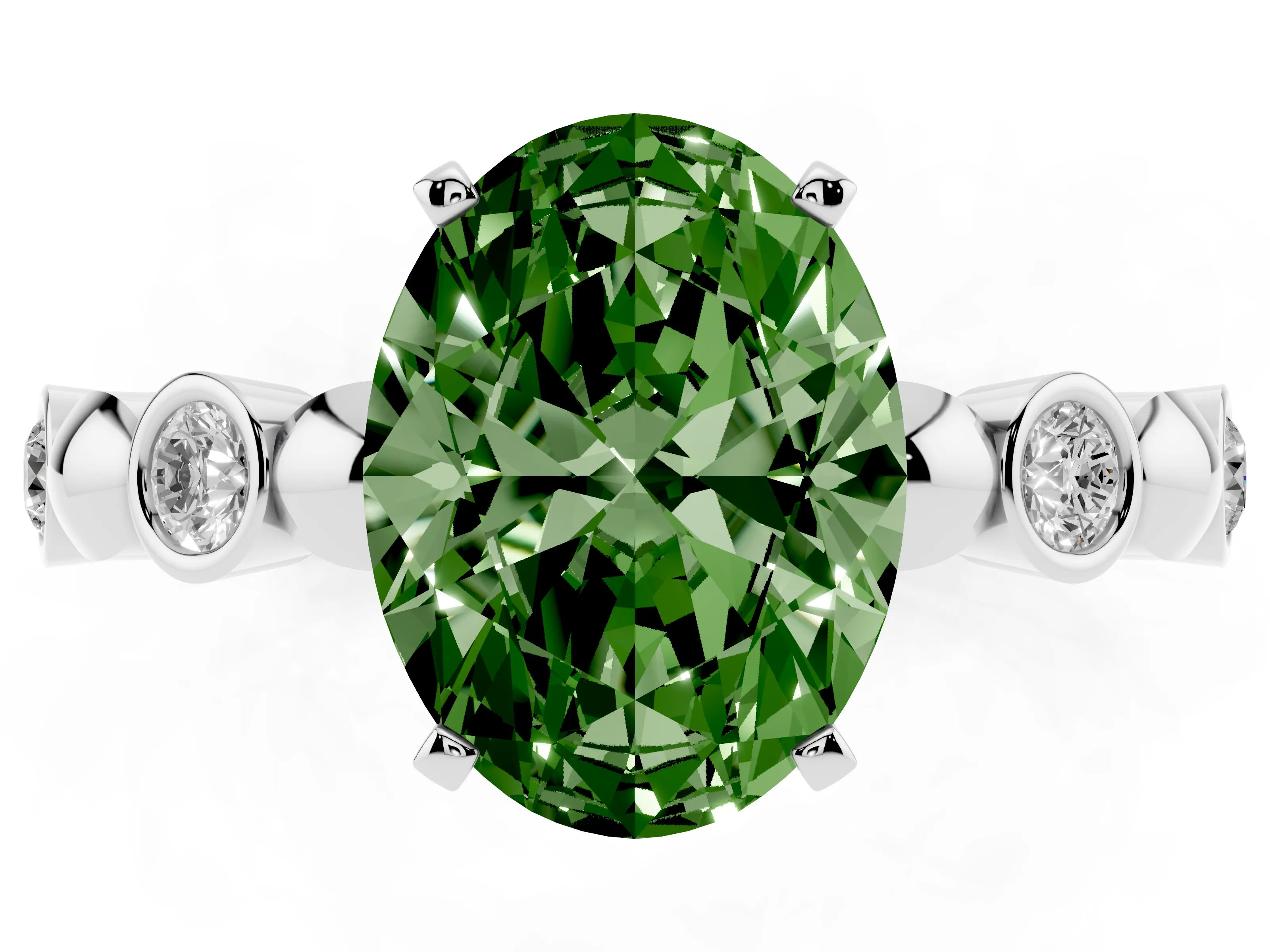 Fancy Green Oval Cut Diamond Solitaire Ring Set in Silver with Bezel-Set Accents on Beaded Band and Prong Setting
