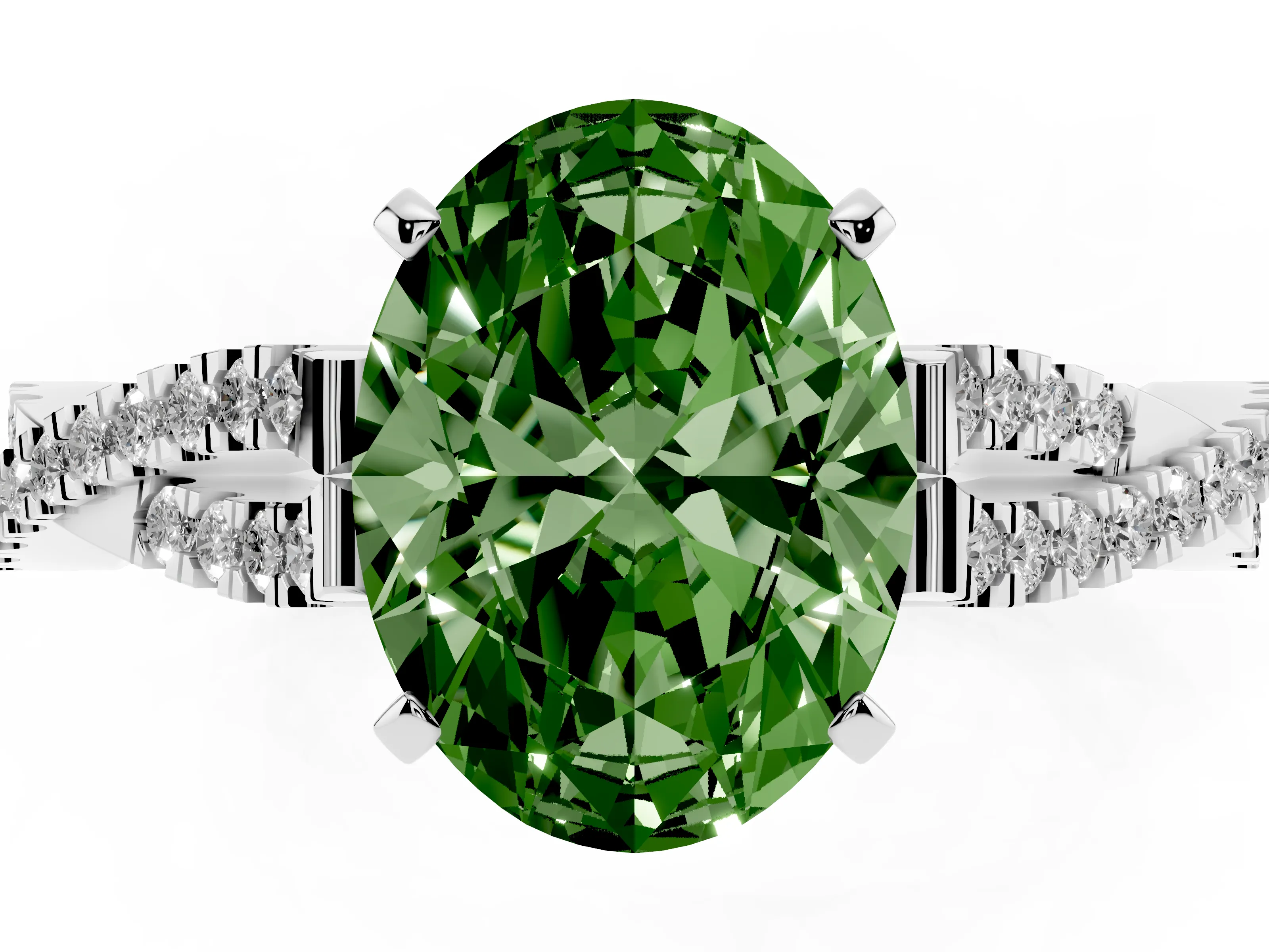 Fancy Green Oval Cut Diamond Solitaire Engagement Ring Set in White gold with Twisted Pavé Band and Prong Setting