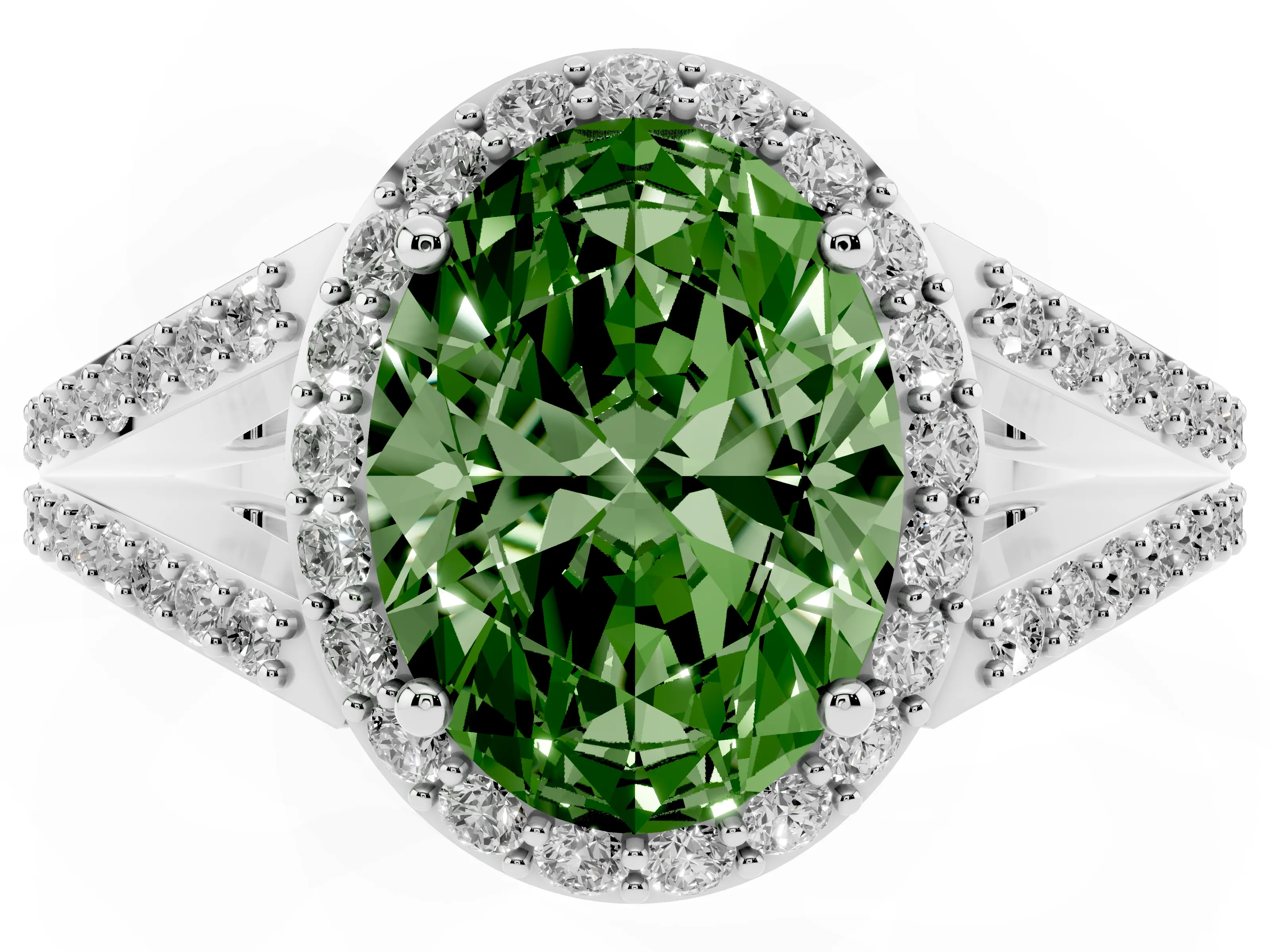 Fancy Green Oval Cut Diamond Halo Split Shank Ring Set in White gold with Accent Stones and Prong Setting