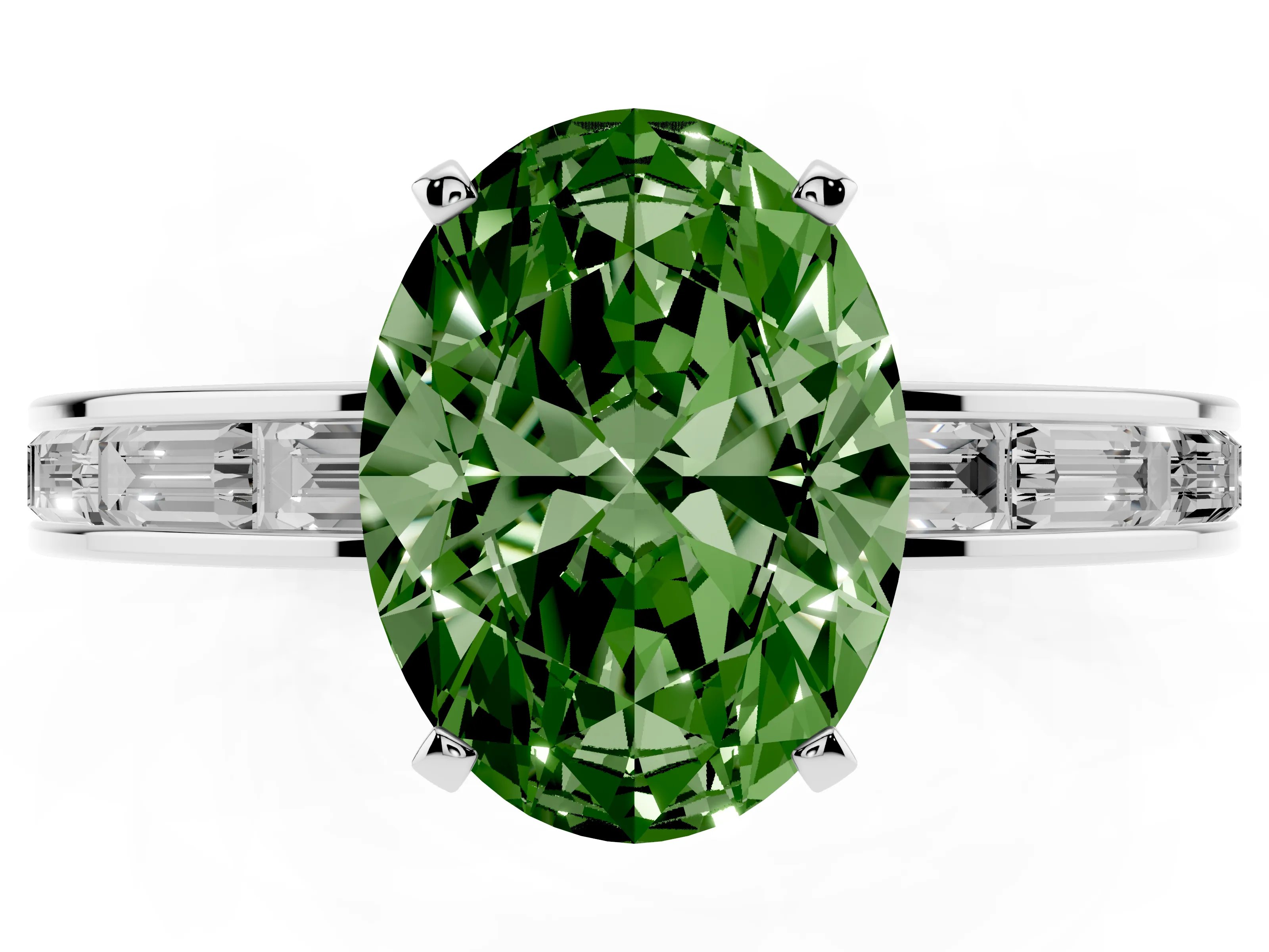 Fancy Green Oval Cut Diamond Solitaire Ring Set in Platinum with Channel-Set Baguette Band and Prong Setting