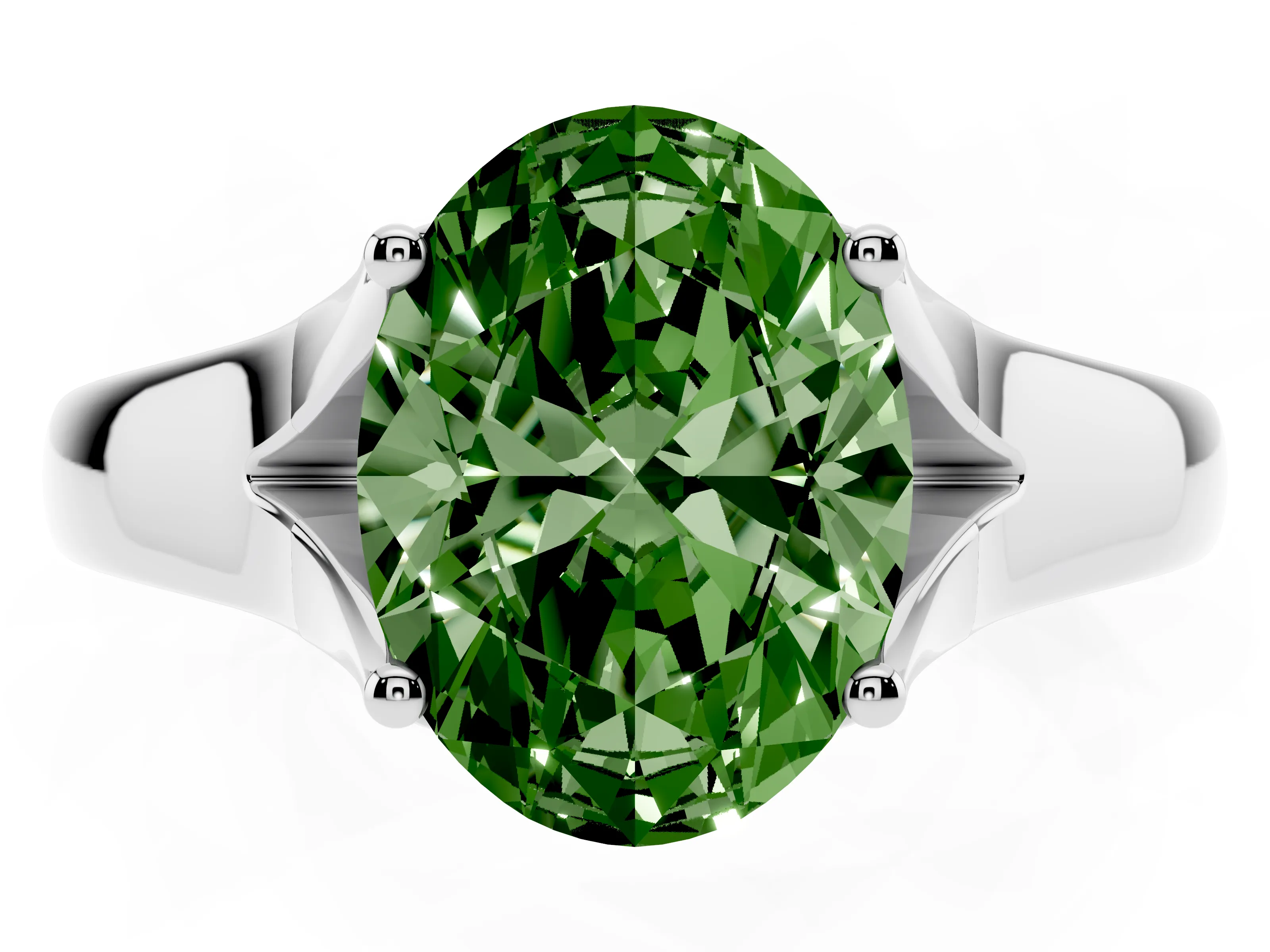 Fancy Green Oval Cut Diamond Solitaire Ring Set in White gold with Arched Cathedral Band and Prong Setting