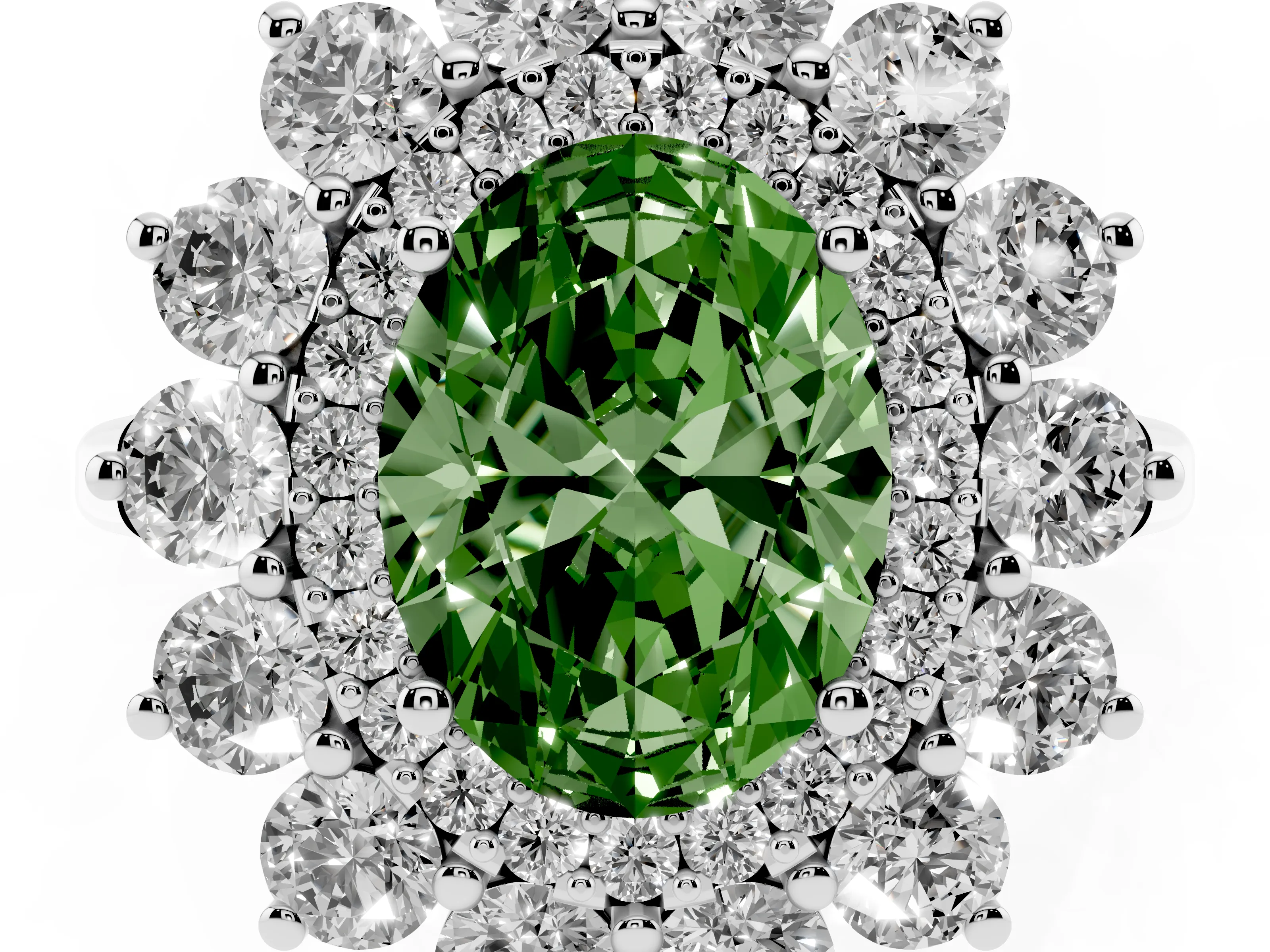Fancy Green Oval Cut Diamond Floral Double Halo Ring Set in Silver with Round Petals