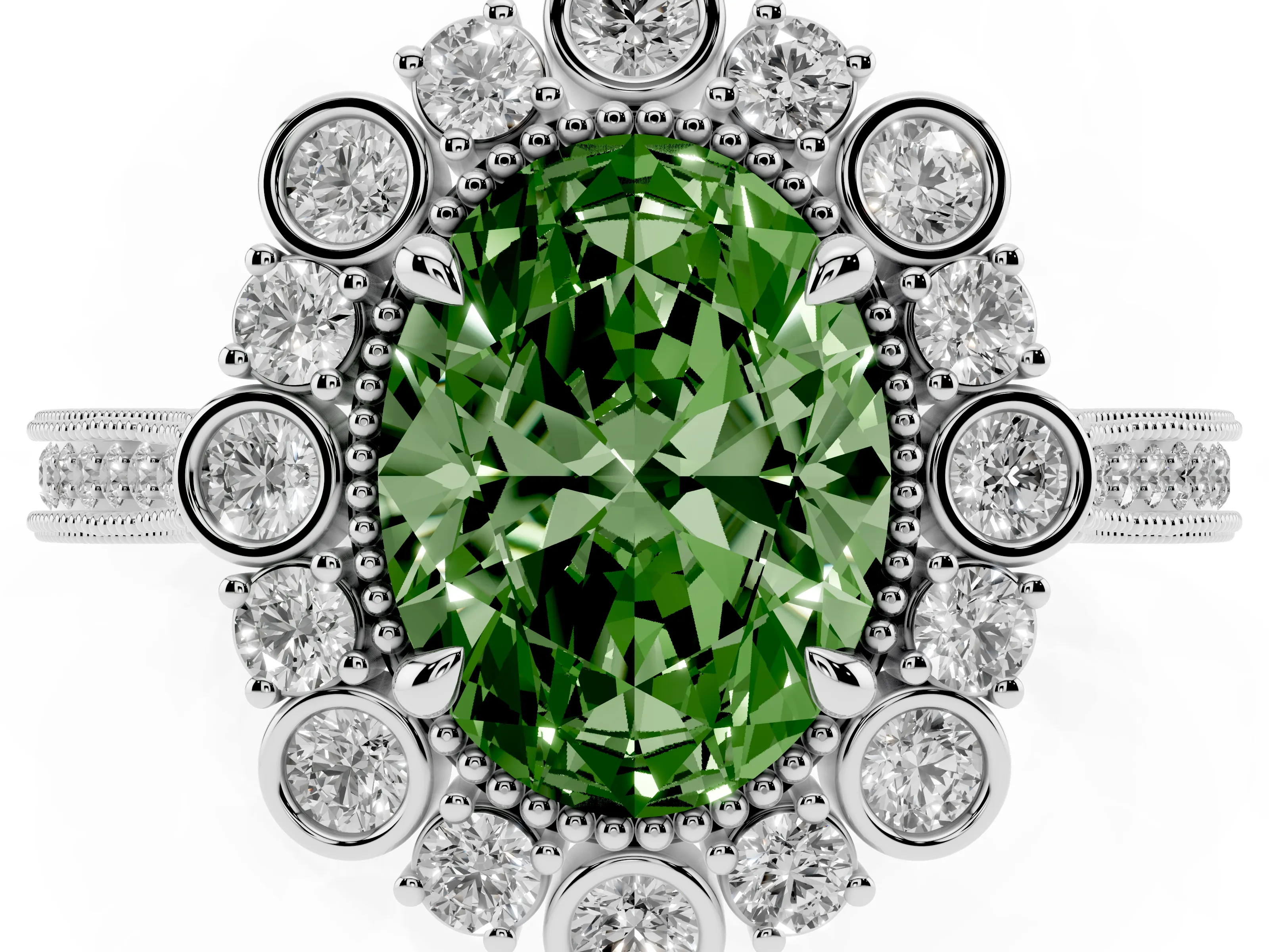 Fancy Green Oval Cut Diamond Halo Milgrain Pavé Ring Set in Silver with Prong Setting