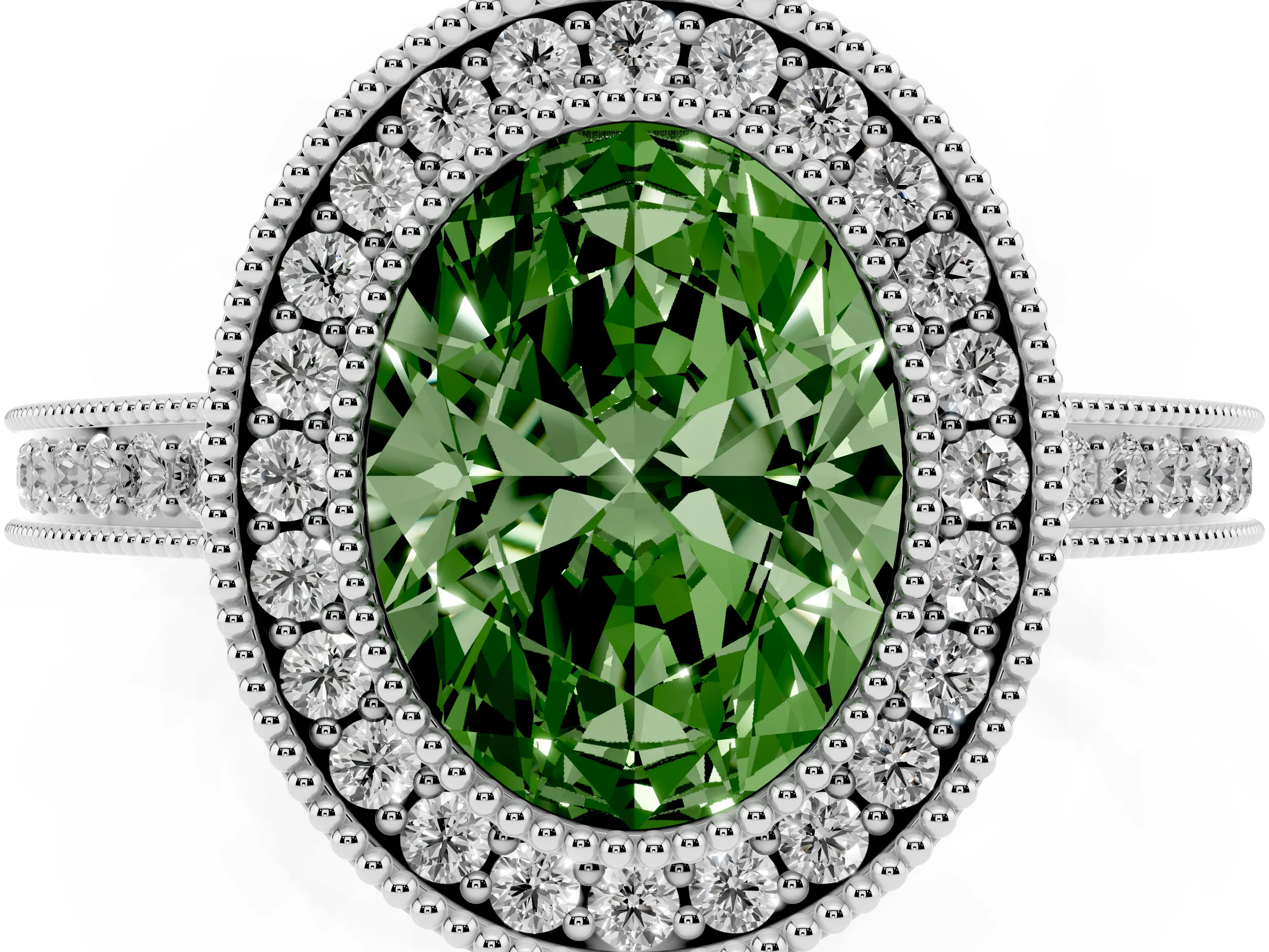 Fancy Green Oval Cut Diamond Halo Ring Set in Platinum with Pavé Band and Milgrain-Edged Prongs