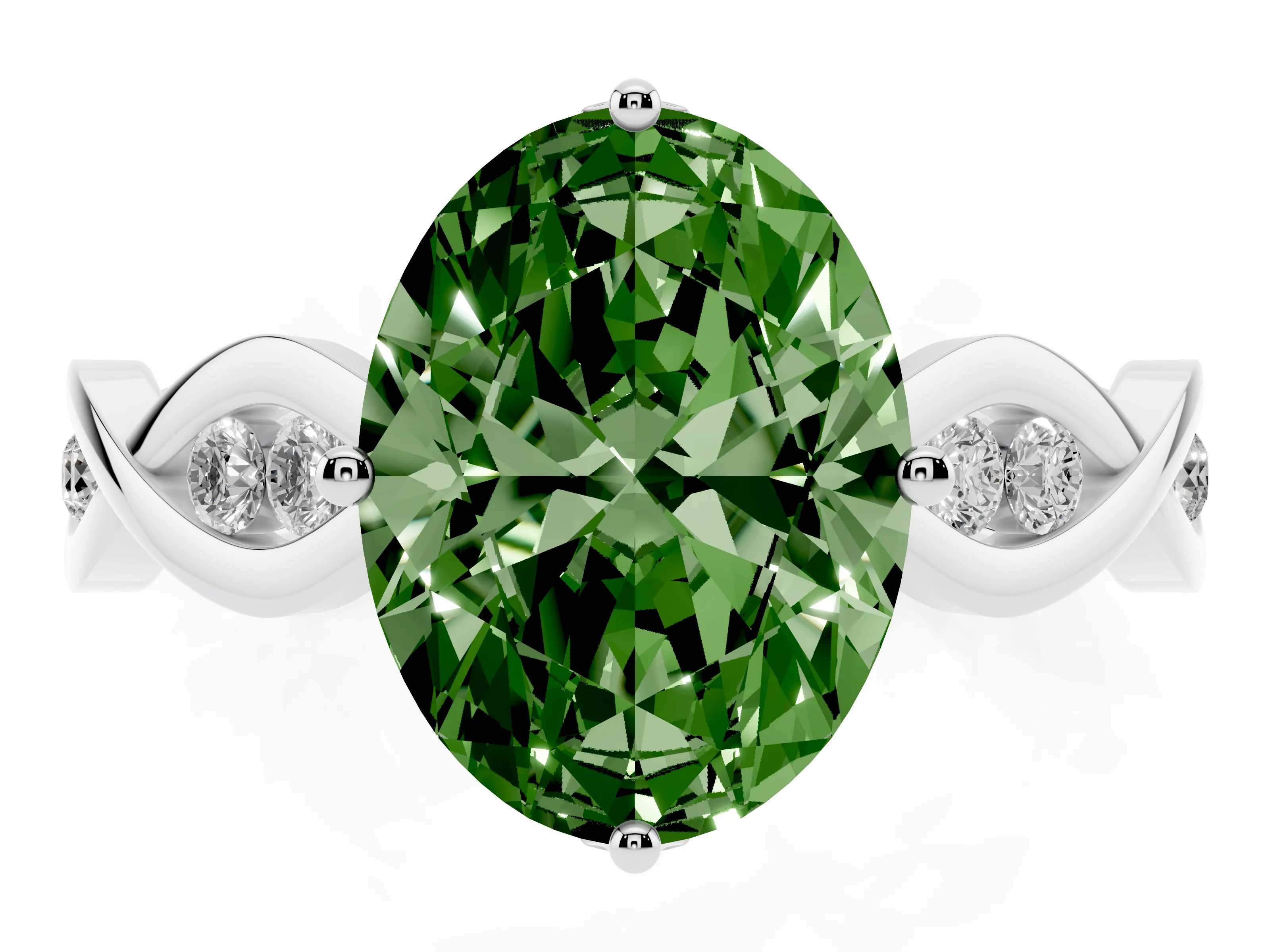 Fancy Green Oval Cut Diamond Twist Band Solitaire Ring Set in Platinum with Leaf Prong Setting and Accent Stones