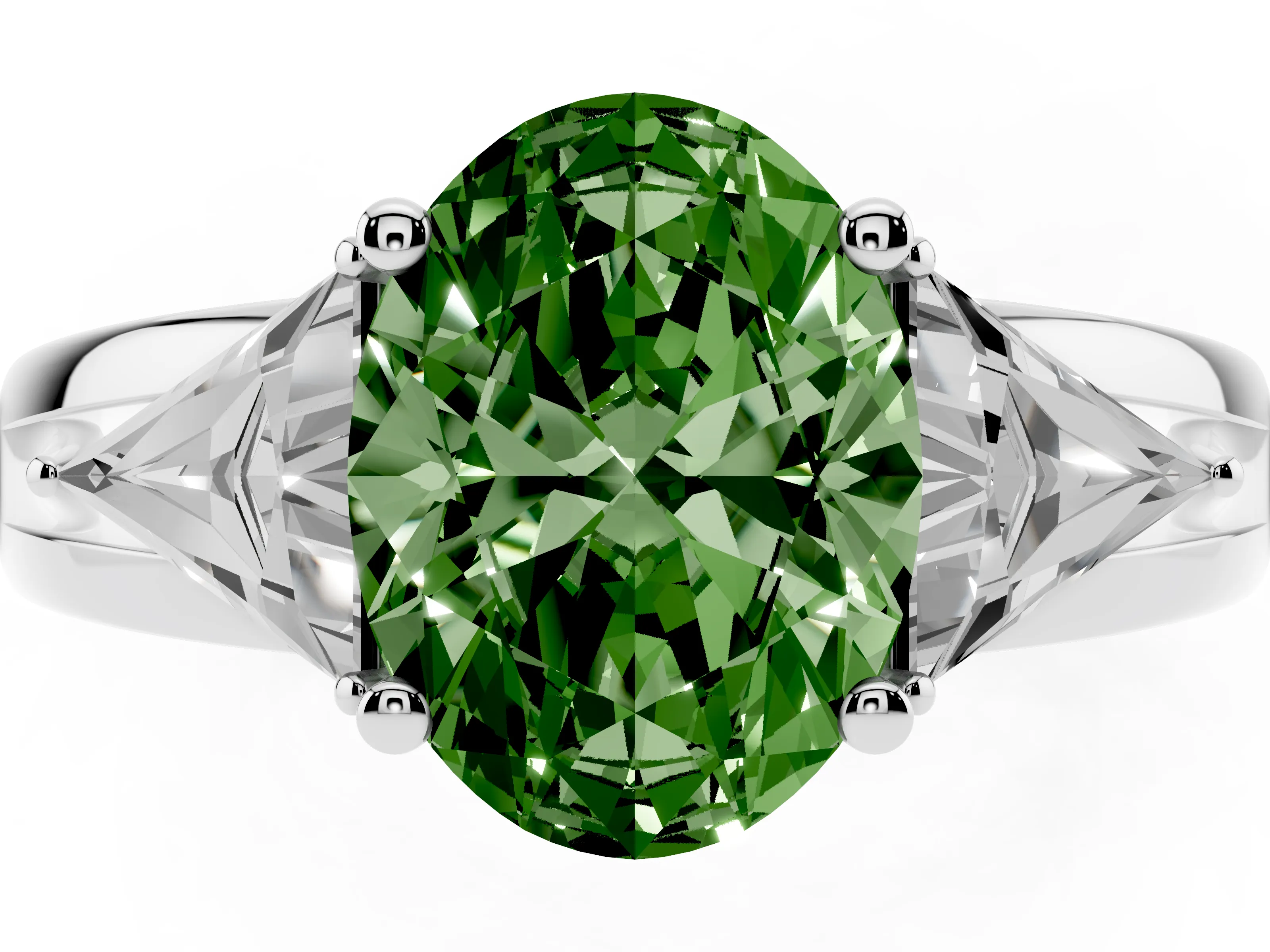 Fancy Green Oval Cut Diamond Three-Stone Ring Set in Silver with Trillion Side Stones and Split Shank