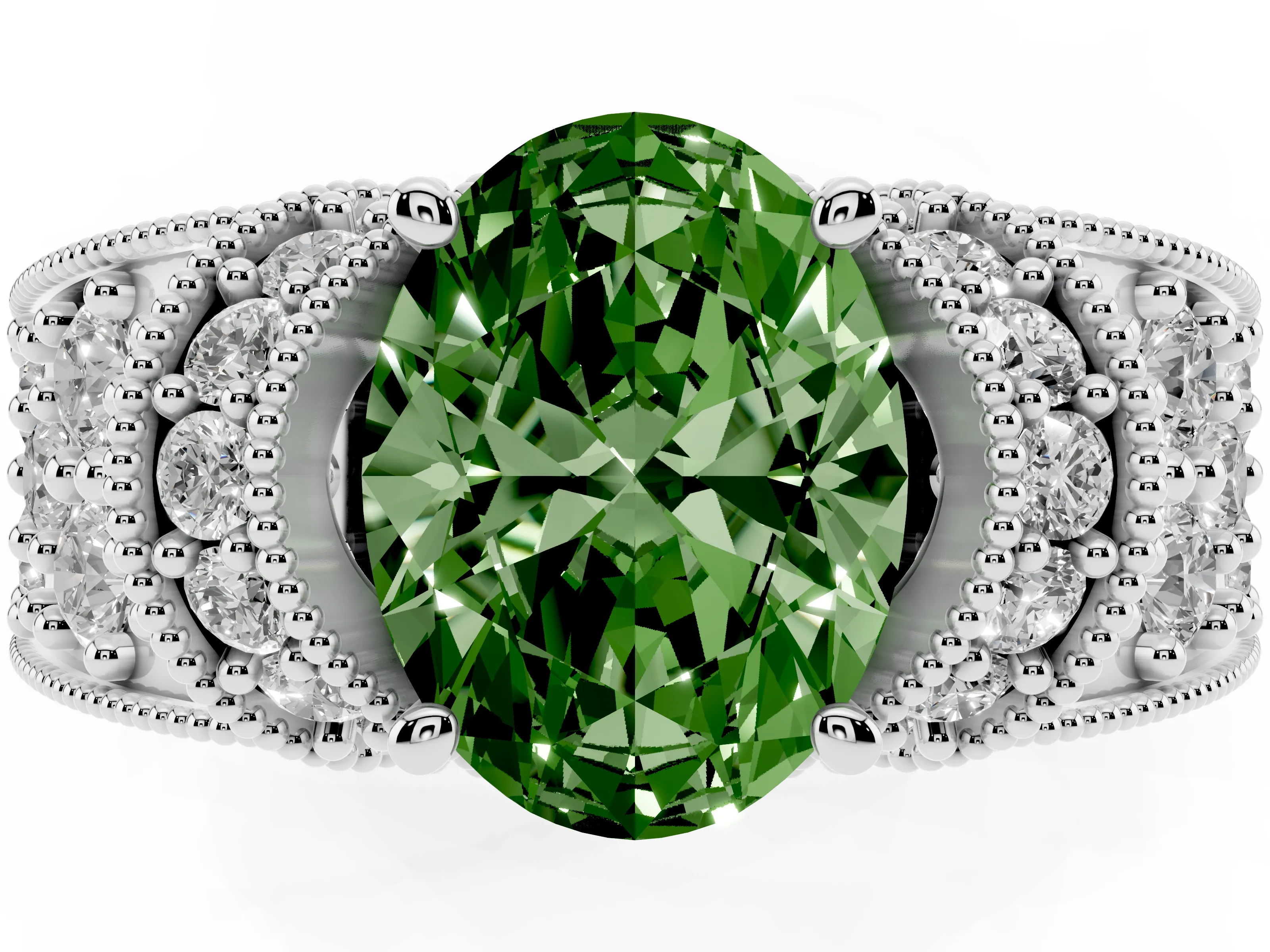 Fancy Green Oval Cut Diamond Milgrain Halo Pavé Engagement Ring Set in Platinum with Prong Setting
