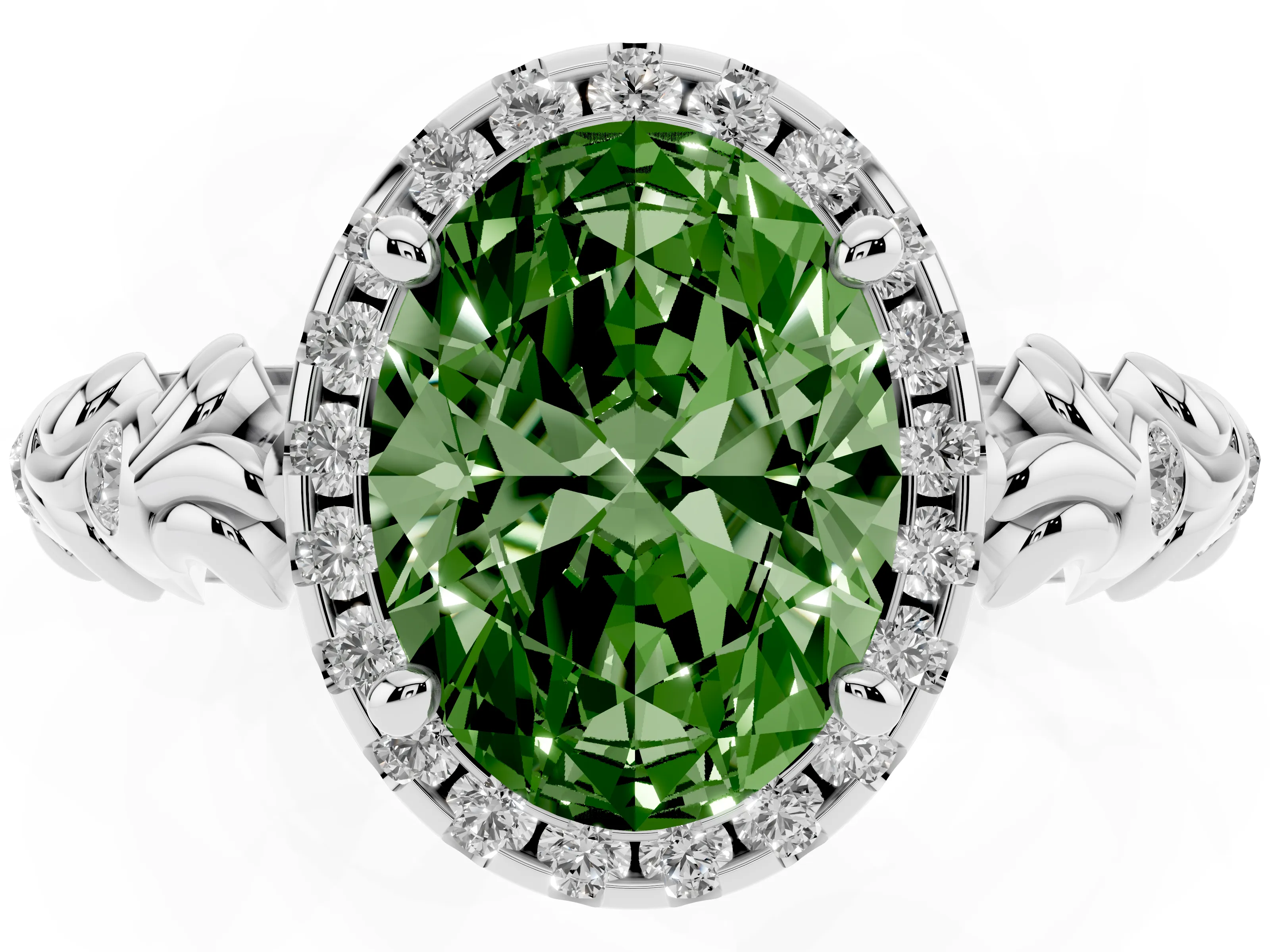 Fancy Green Oval Cut Diamond Halo Ring Set in White gold with Filigree Leaf Band and Prong Setting