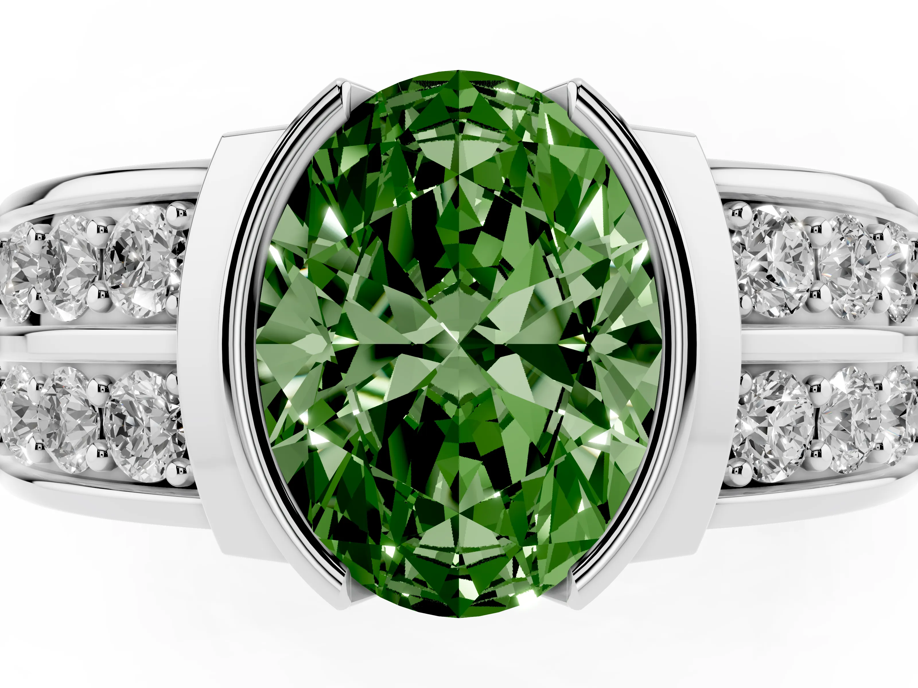 Fancy Green Oval Cut Diamond Wide Channel Set Band Ring Set in Silver with Bezel Setting