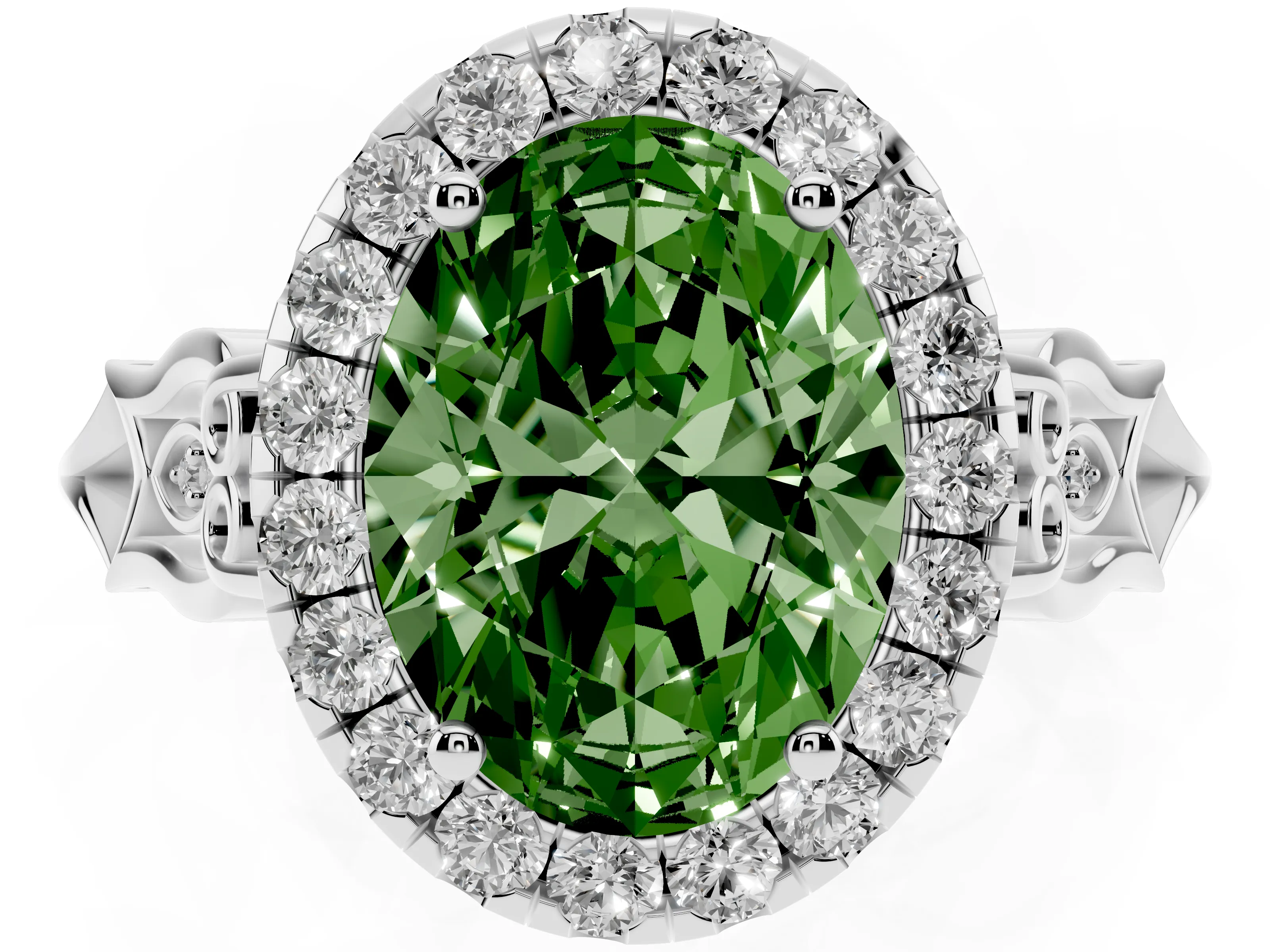 Fancy Green Oval Cut Diamond Halo Engagement Ring Set in Platinum with Filigree Band and Prong-Set Center