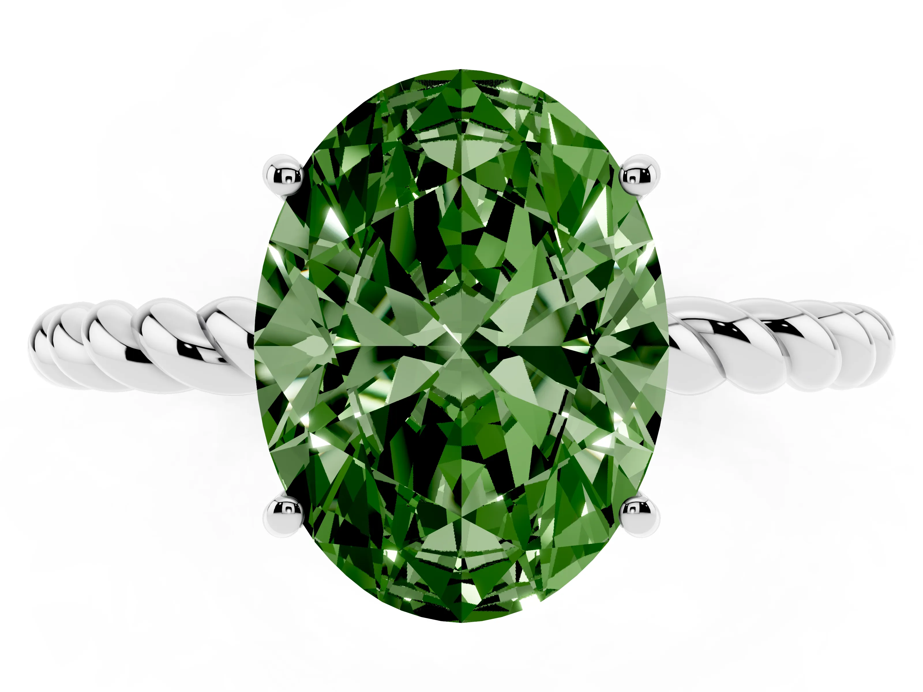 Fancy Green Oval Cut Diamond Solitaire Ring Set in White gold with Twist Band and Prong Setting