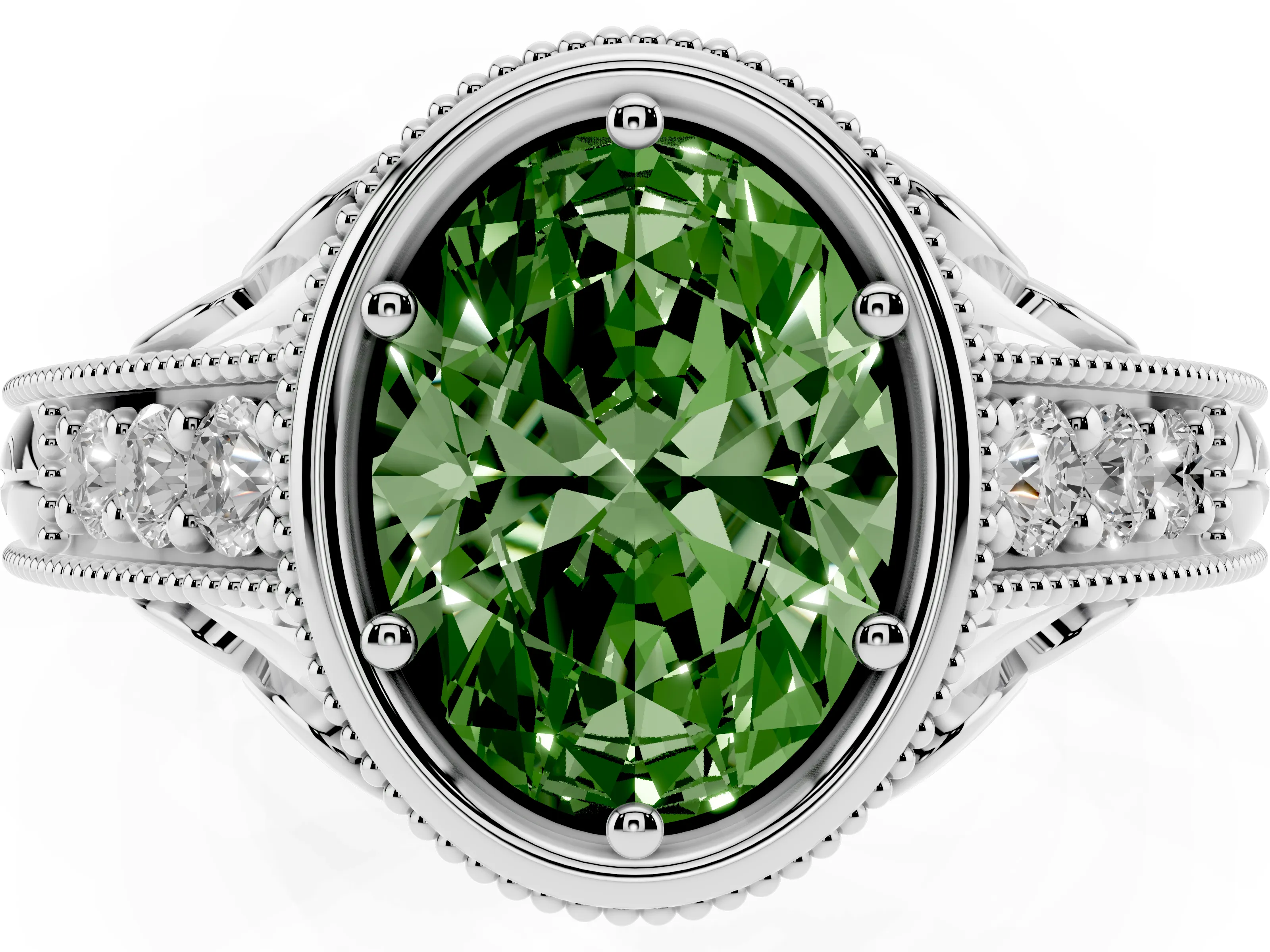 Fancy Green Bezel Set Oval Cut Diamond Milgrain Pavé Engagement Ring Set in Silver