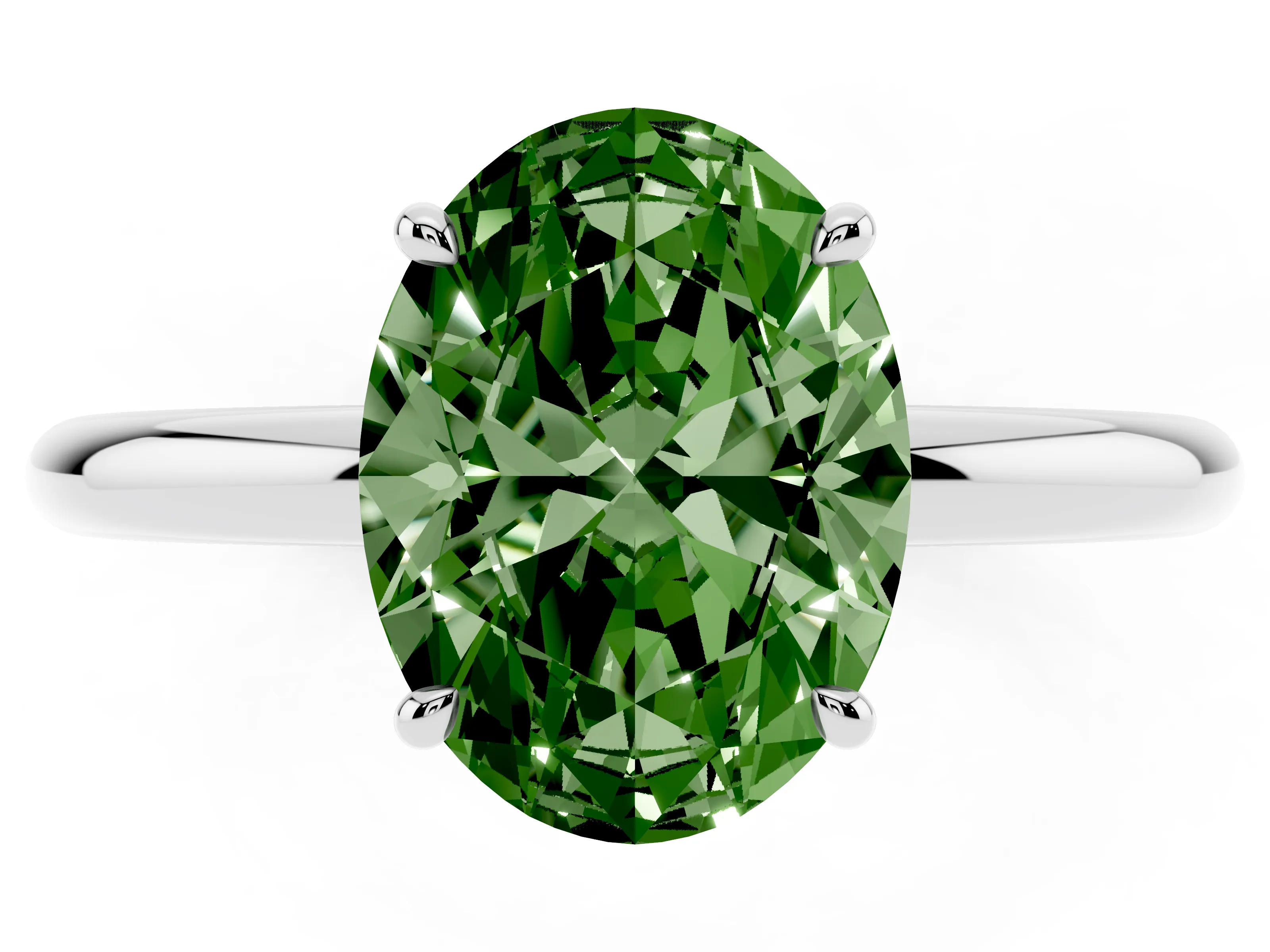 Fancy Green Oval Cut Diamond Solitaire Ring Set in Platinum with Thin Band and Prong Setting