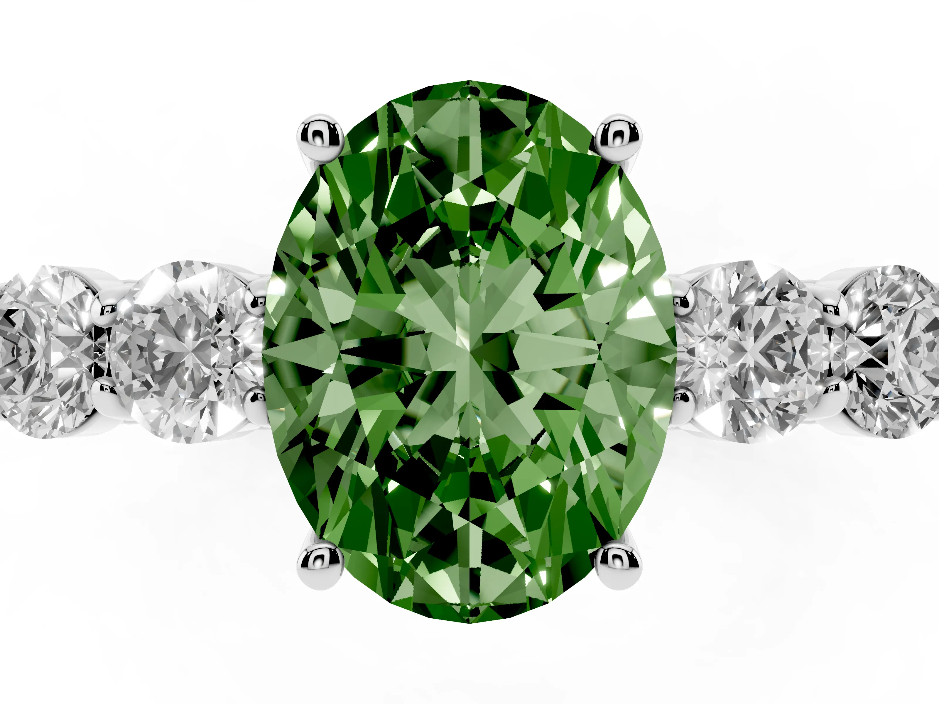 Fancy Green Oval Cut Diamond Five-Stone Prong Set Band Ring Set in Silver with Polished Band