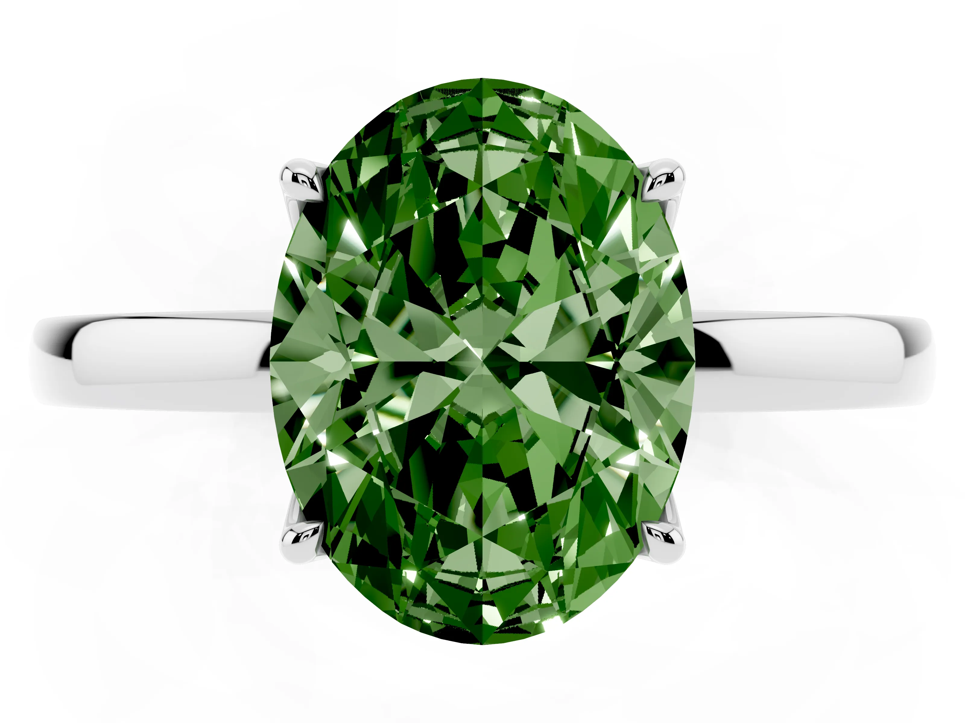 Fancy Green Oval Cut Diamond Solitaire Ring Set in White gold with Prong Setting and Thin Polished Band