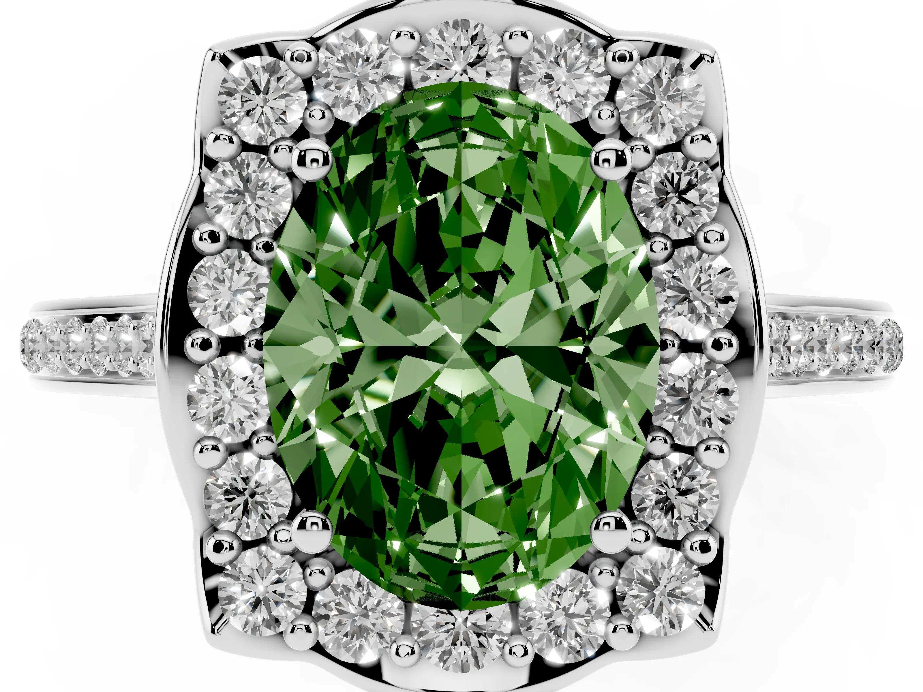 Fancy Green Oval Cut Diamond Halo Ring Set in Silver with Pavé-Lined Shoulders and Prong Setting
