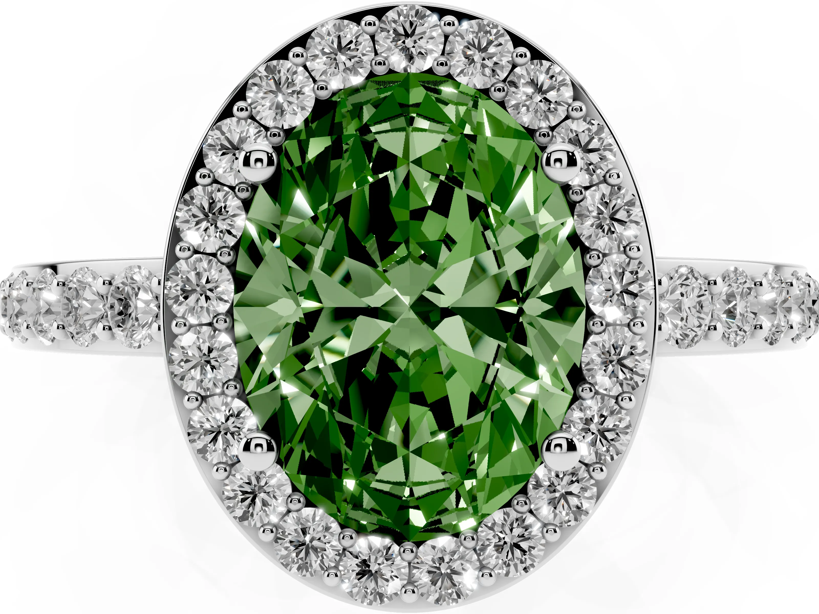 Fancy Green Oval Cut Diamond Halo Ring Set in White gold with Pavé-Setting Band and Open Prong Center