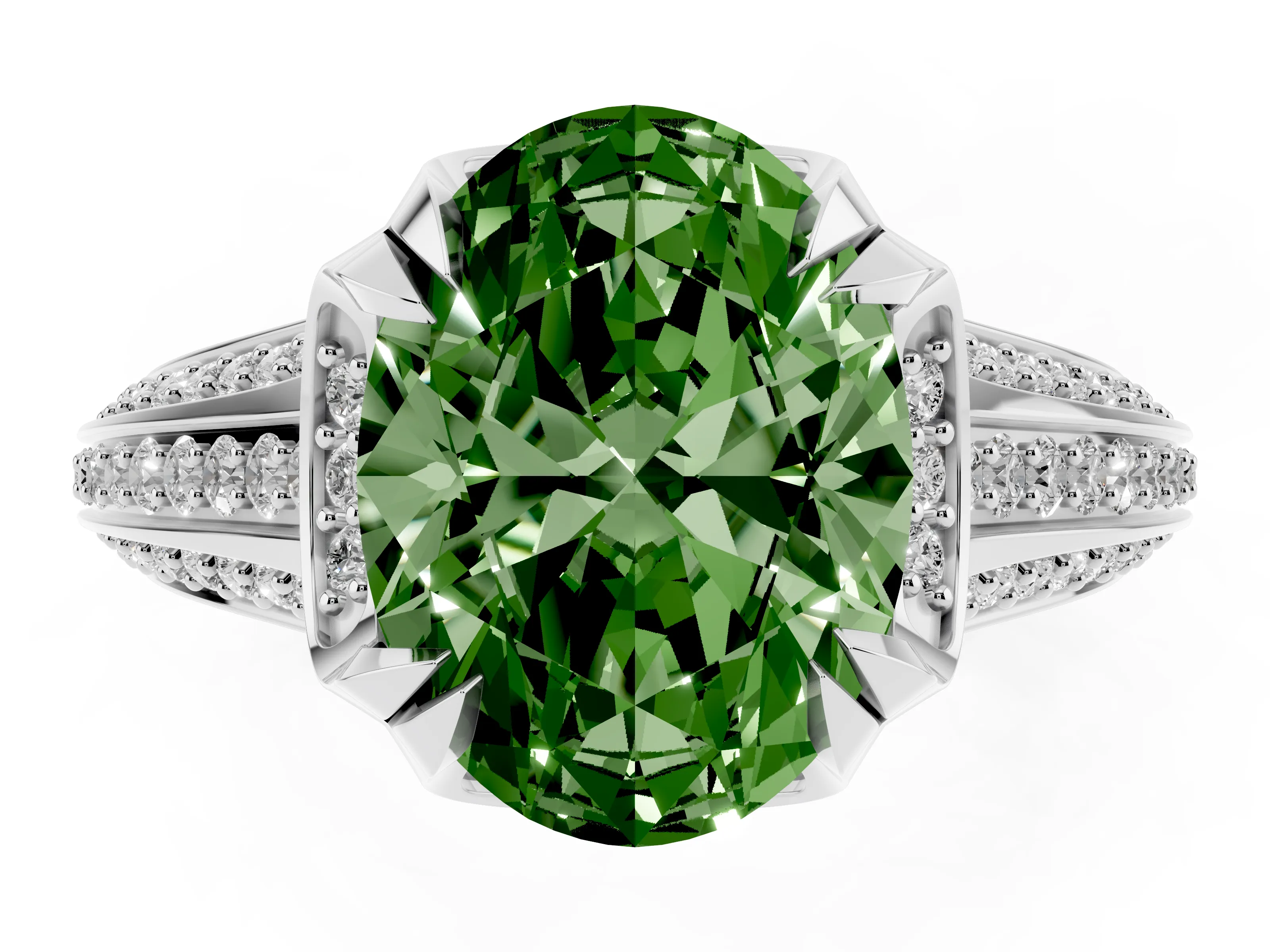 Fancy Green Oval Cut Diamond Pavé Split Shank Solitaire Ring Set in Silver with Prong Setting