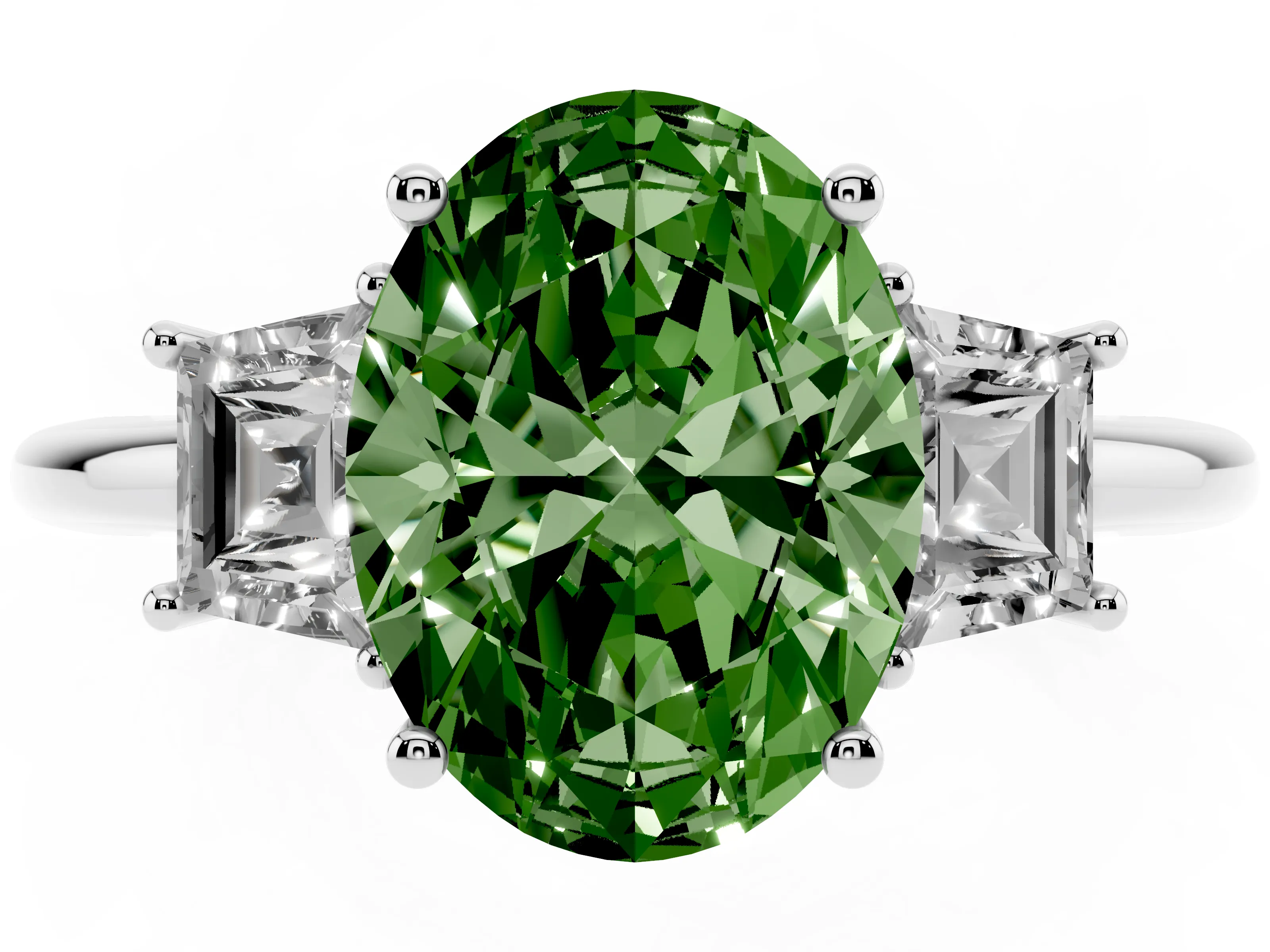 Fancy Green Oval Cut Diamond Three-Stone Ring Set in White gold with Trapezoid Side Stones and Prong Setting