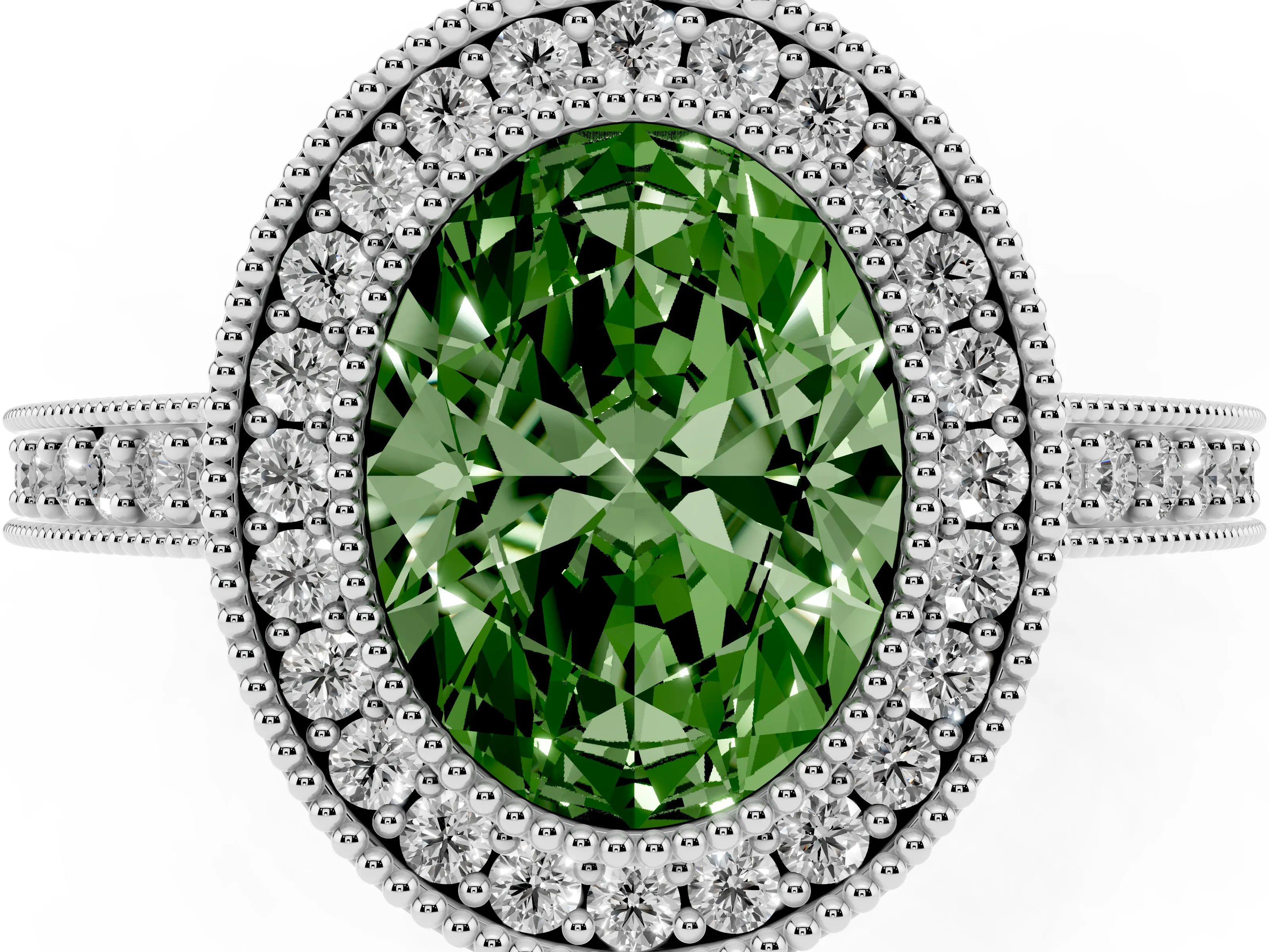 Fancy Green Oval Cut Diamond Halo Engagement Ring Set in White gold with Pavé Band and Round Halo Stones