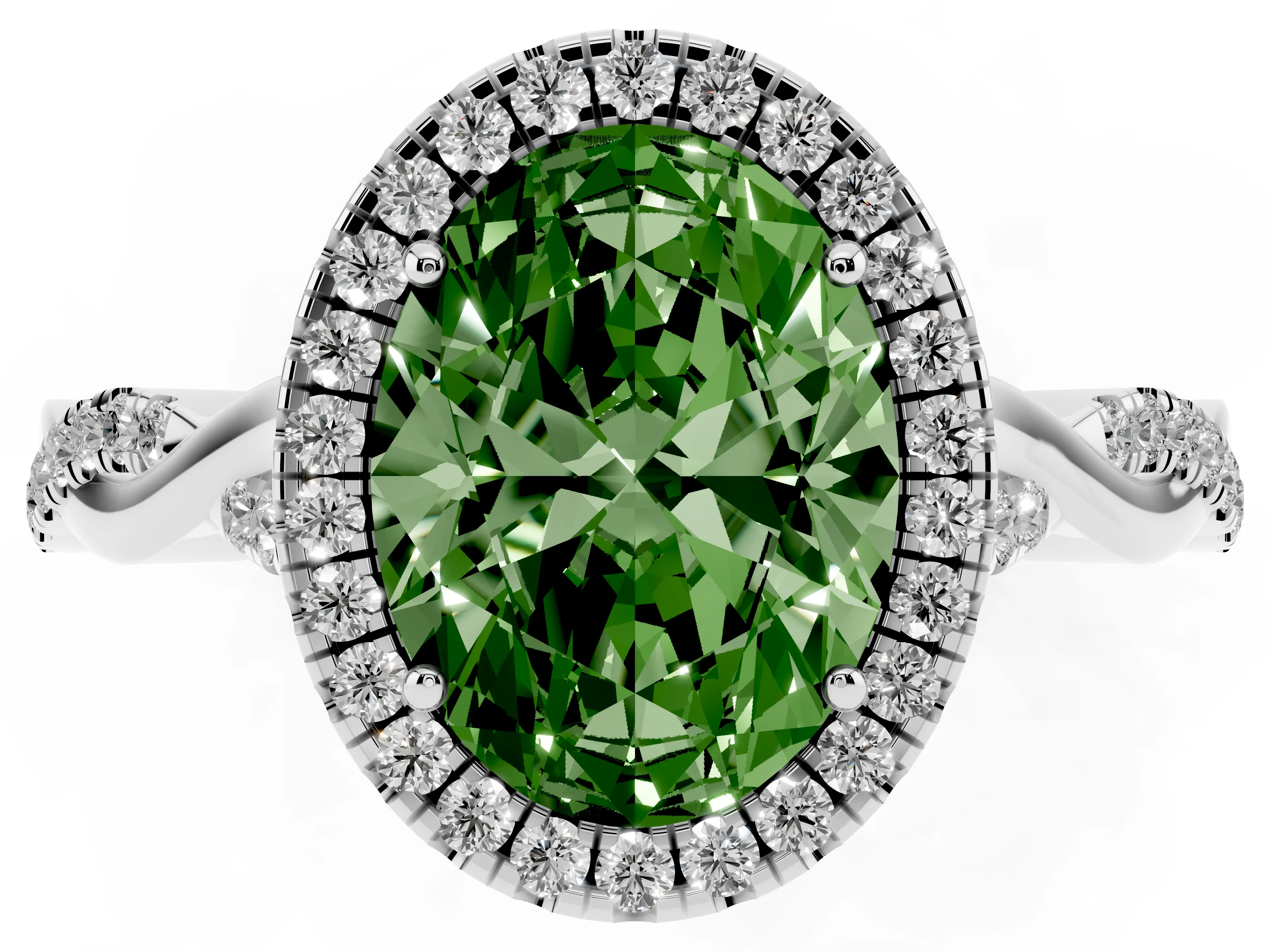 Fancy Green Oval Cut Diamond Halo Twist Band Solitaire Ring Set in White gold with Prong Setting
