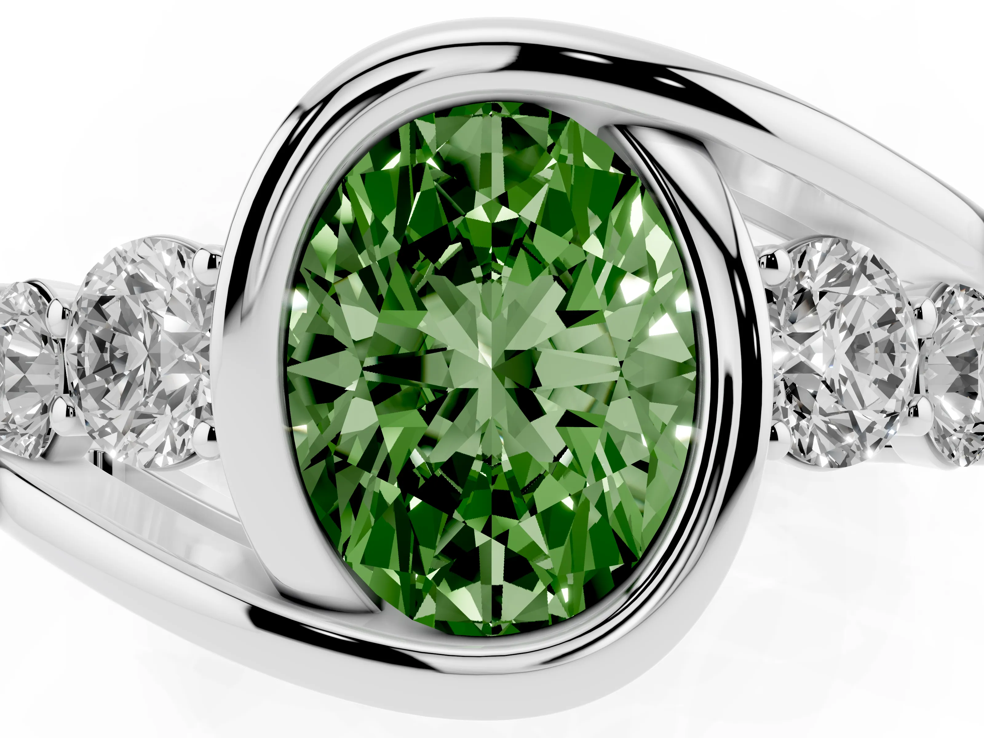 Fancy Green Oval Cut Diamond Bezel Bypass Ring Set in Silver with Round Accents