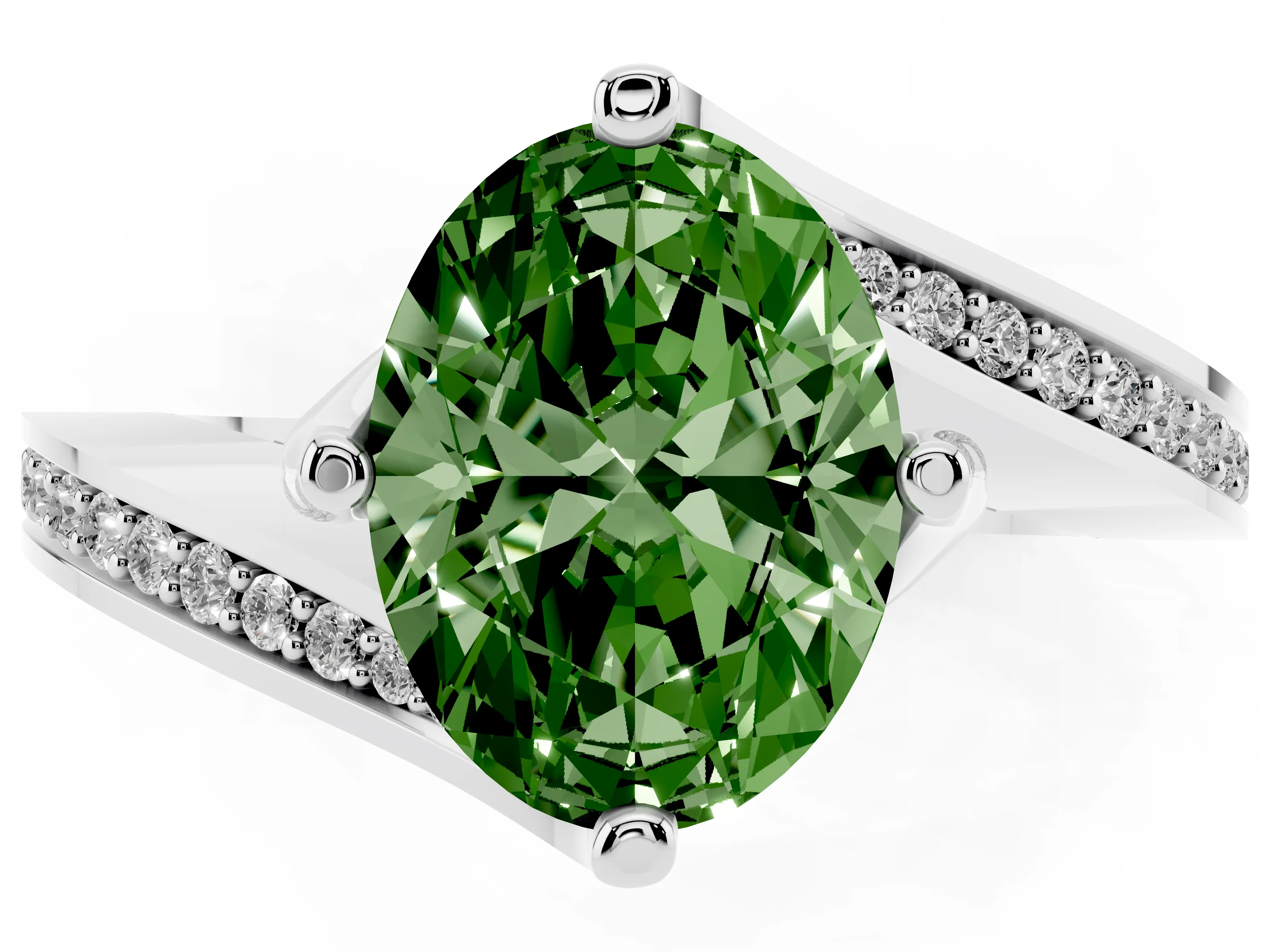 Fancy Green Oval Cut Diamond Solitaire Ring Set in Silver with Intertwined Pavé Twist Band
