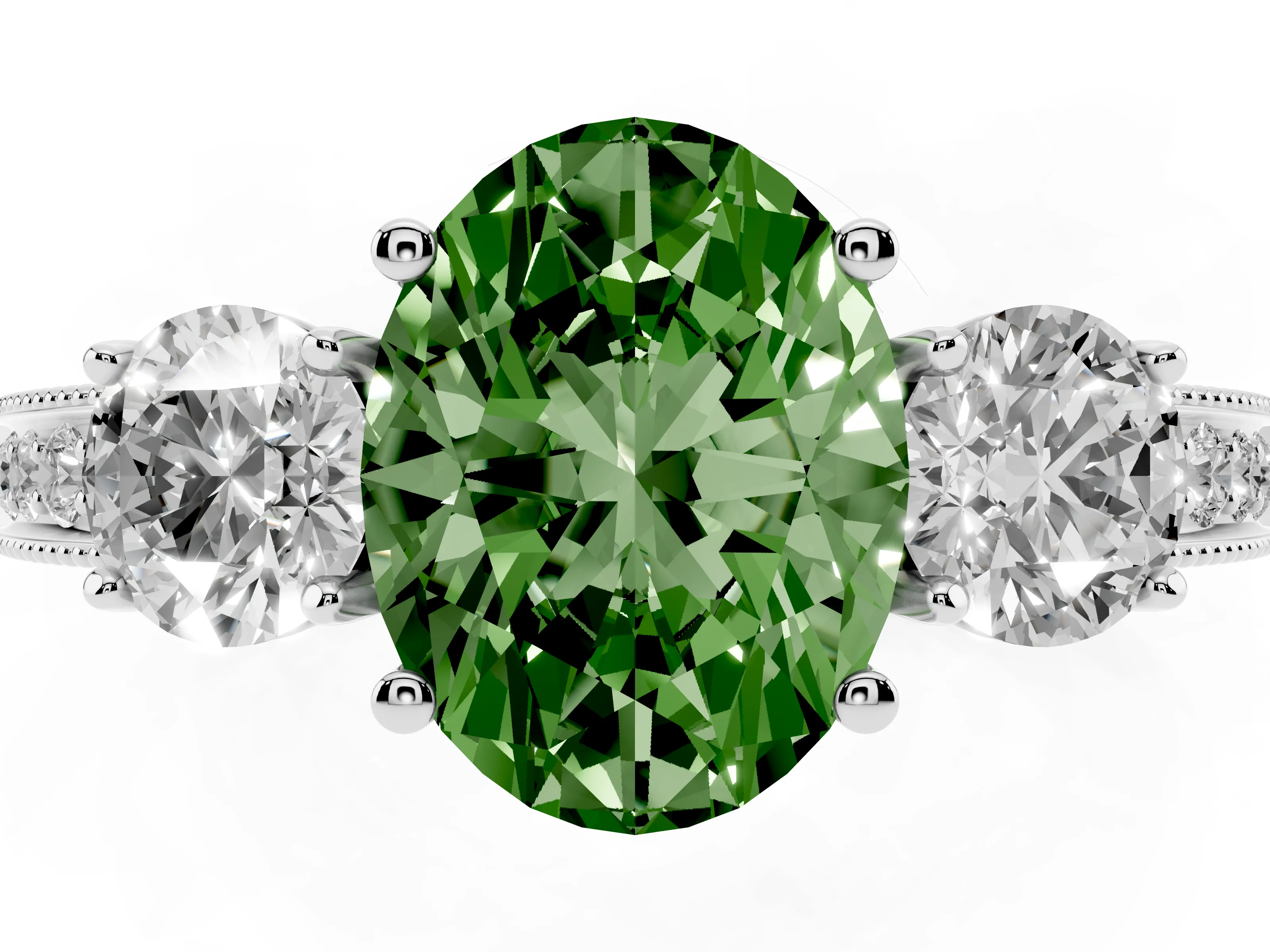 Fancy Green Oval Cut Diamond Three-Stone Ring Set in Platinum with Round Side Stones and Pavé Band