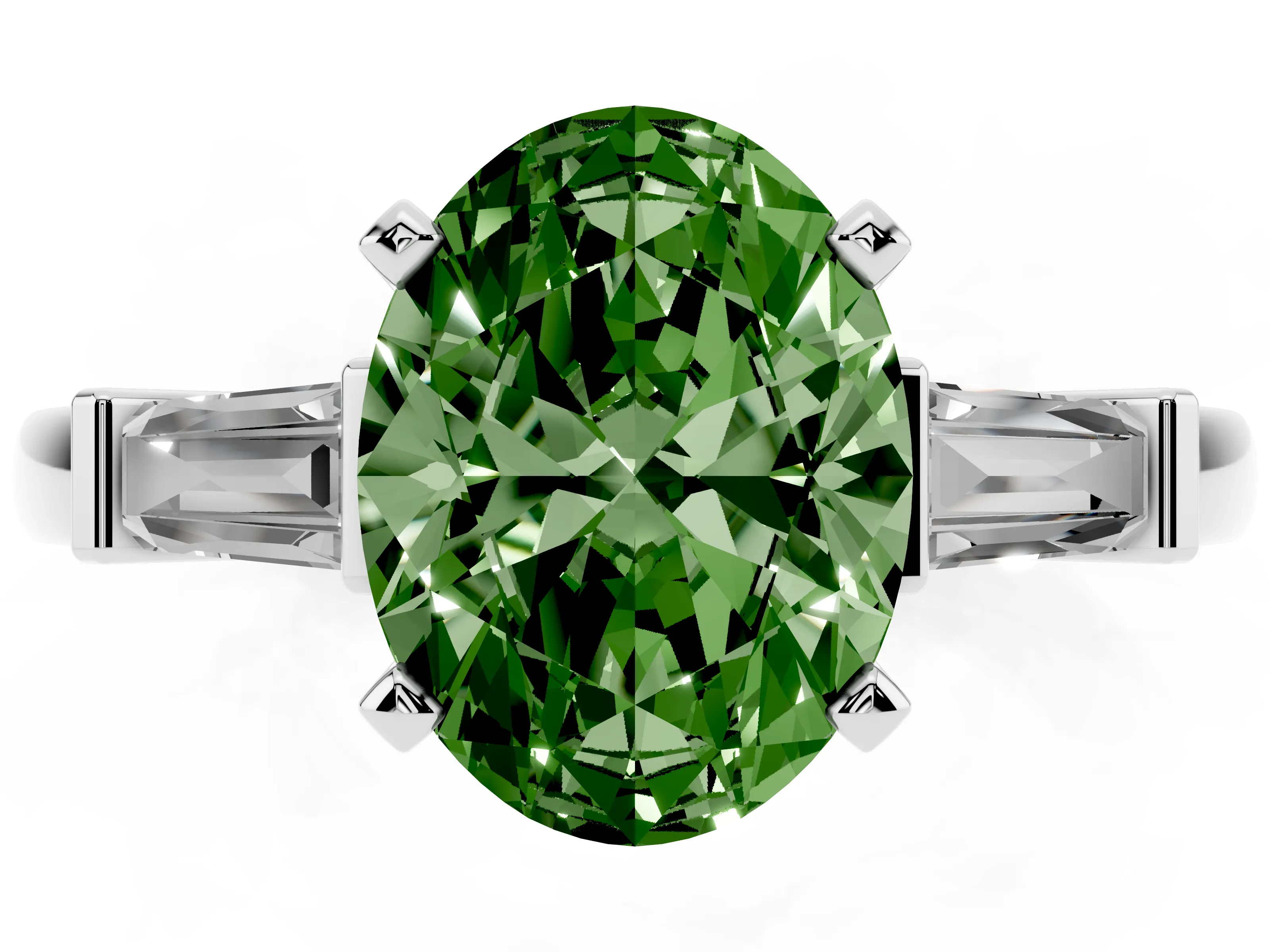 Fancy Green Oval Cut Diamond Solitaire Ring Set in Platinum with Tapered Baguette Accents and Prong Setting