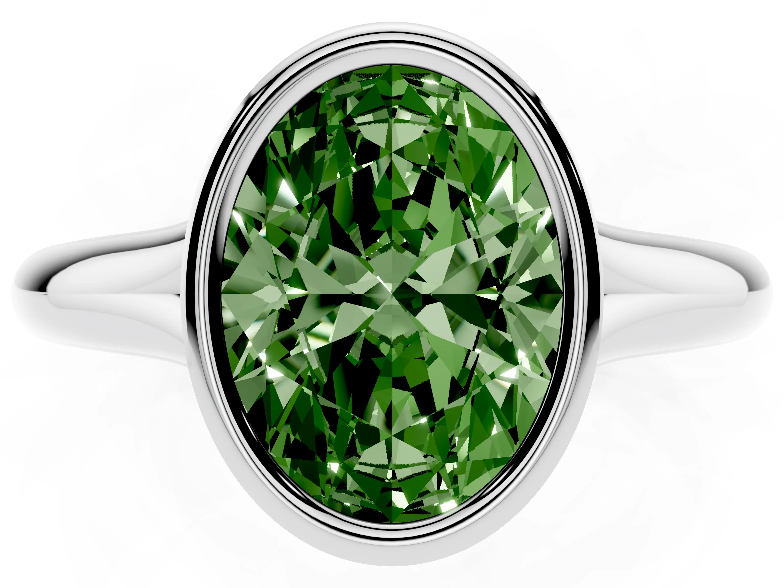 Fancy Green Bezel Set Oval Cut Diamond Solitaire Ring Set in Platinum with Smooth Band