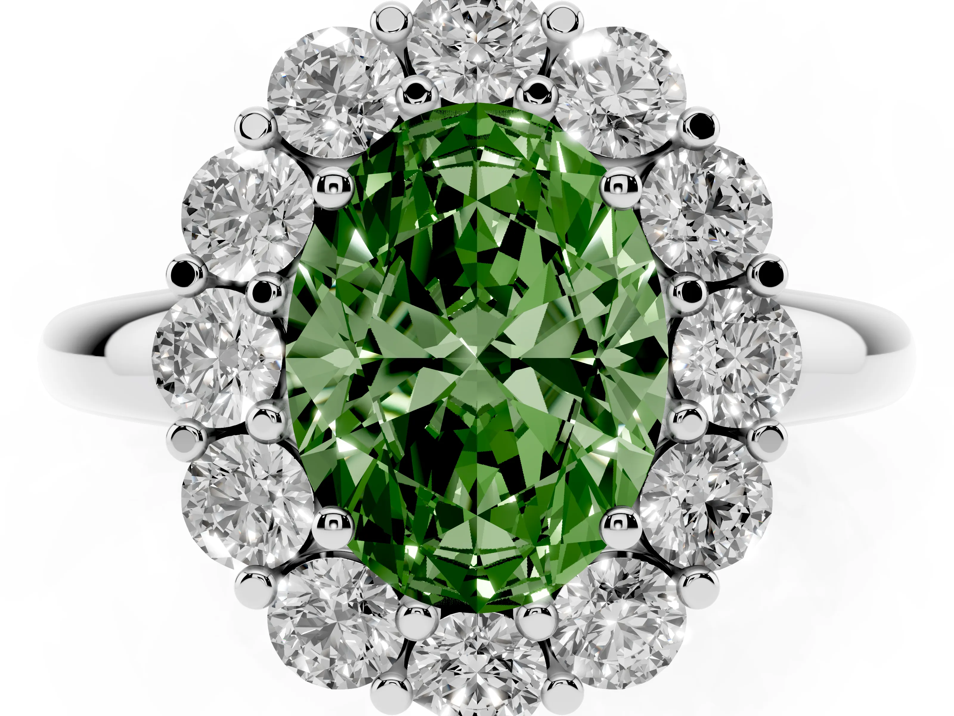 Fancy Green Oval Cut Diamond Halo Cluster Engagement Ring Set in Silver with Polished Band and Prong Setting