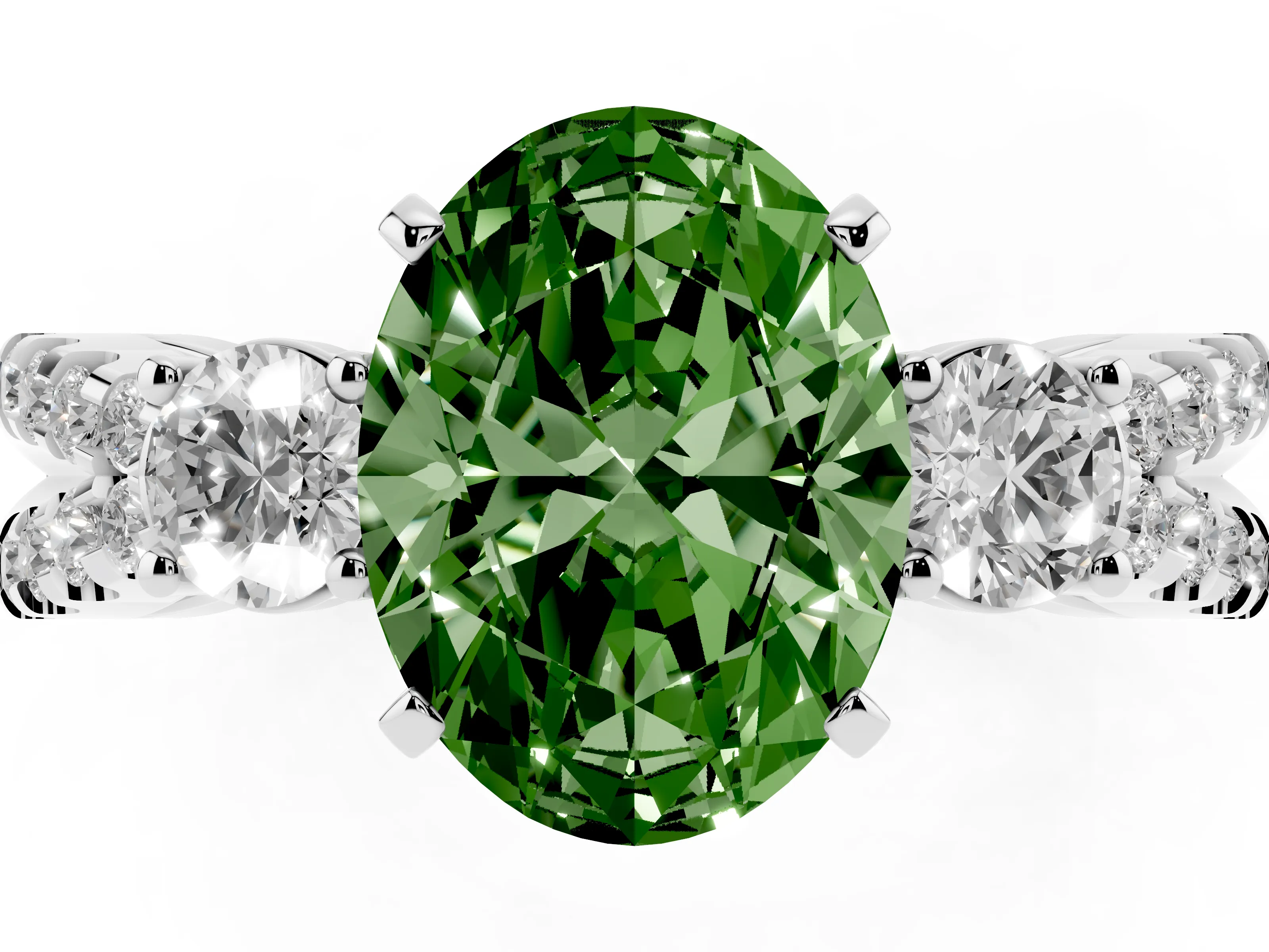 Fancy Green Oval Cut Diamond Three-Stone Ring Set in Platinum with Pavé Split Shank and Prong Setting