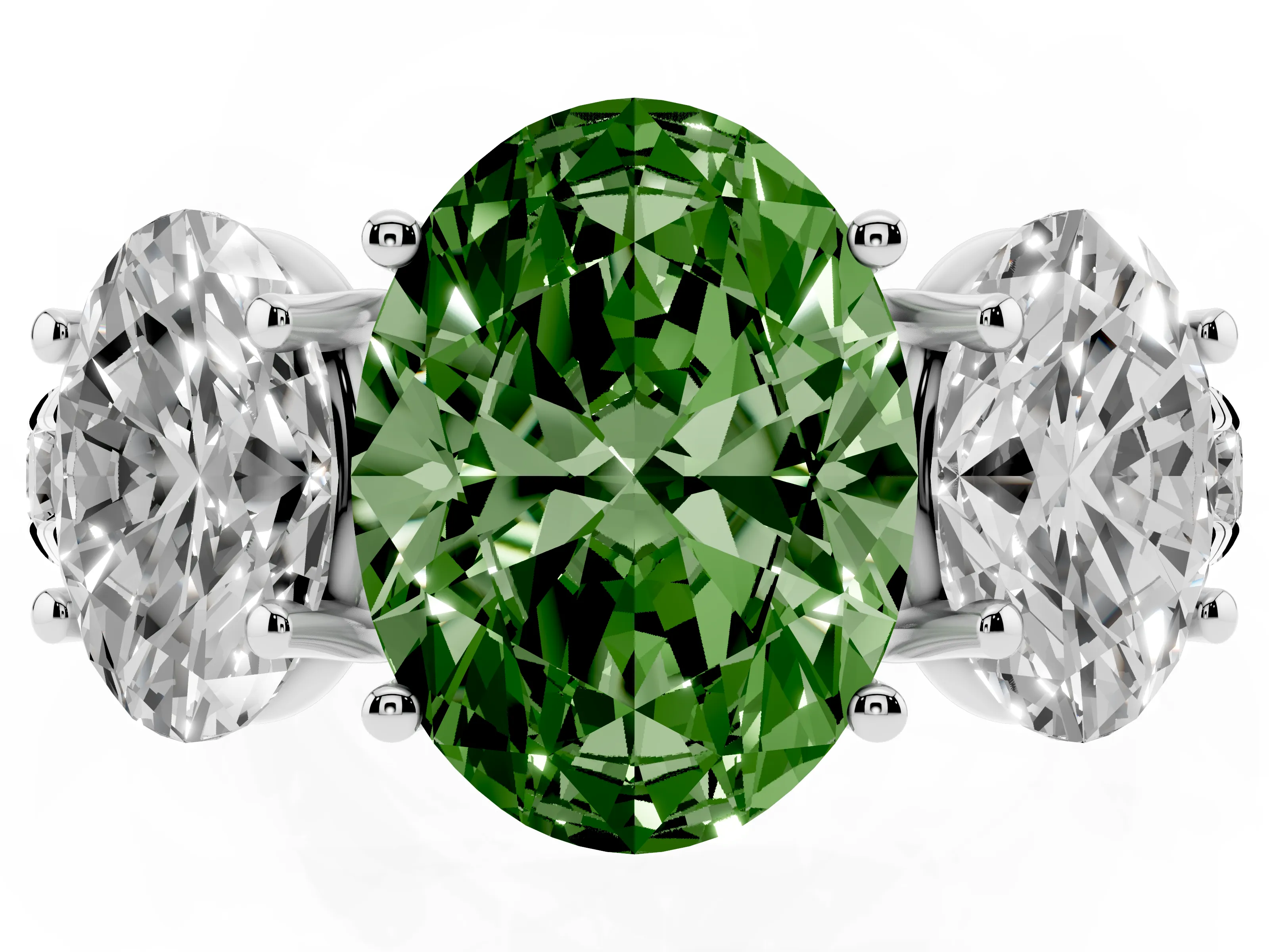 Fancy Green Oval Cut Diamond Three-Stone Ring Set in Silver with Pavé Band