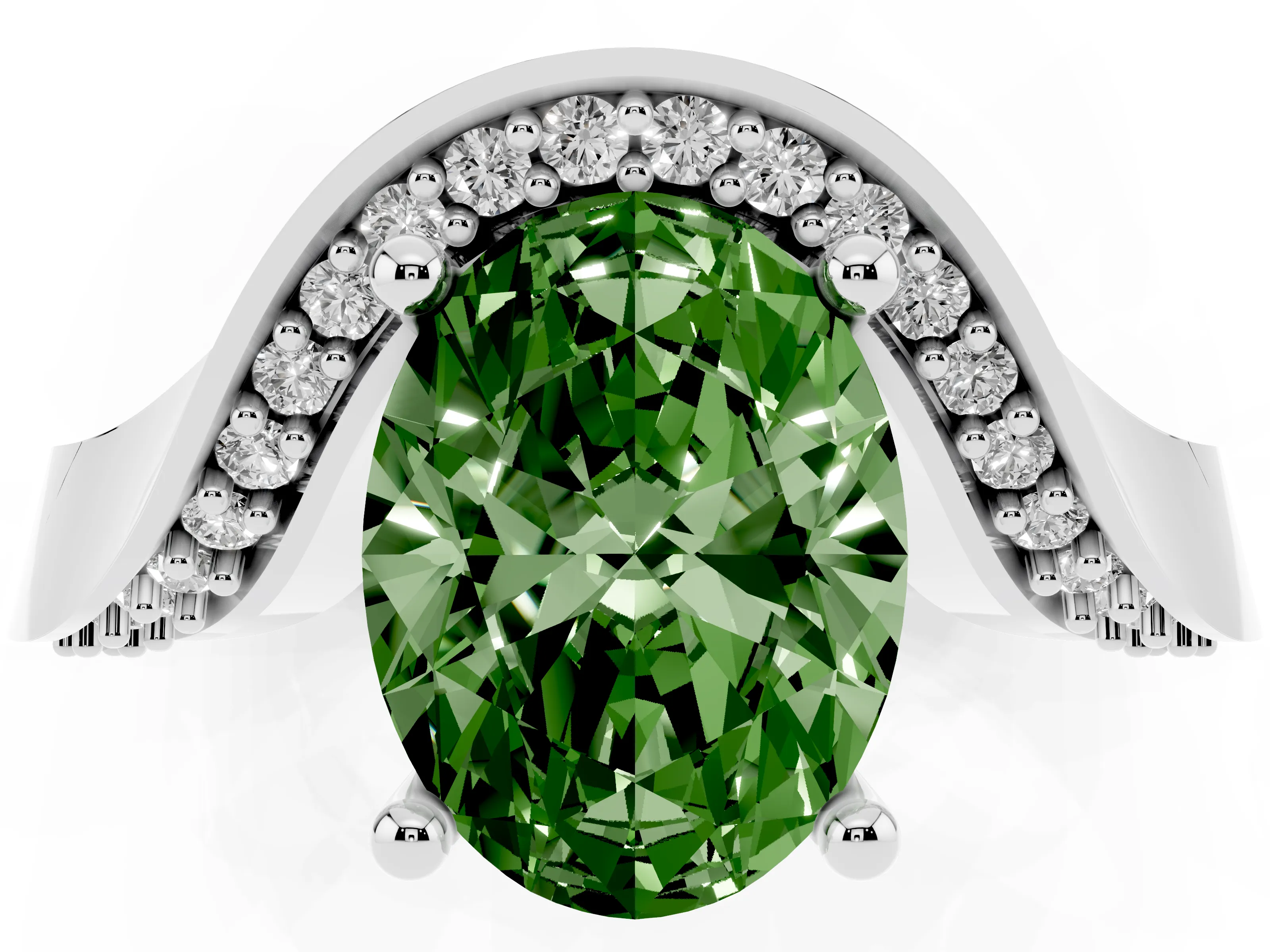 Fancy Green Oval Cut Diamond Solitaire Engagement Ring Set in Silver with Pavé Shoulders
