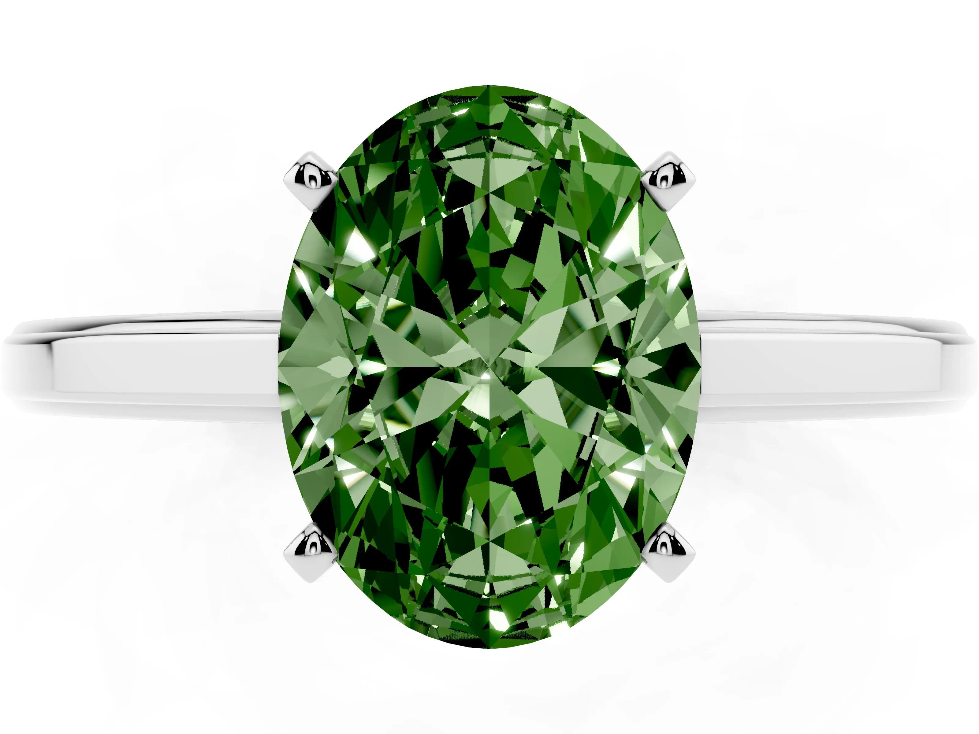 Fancy Green Oval Cut Diamond Solitaire Ring Set in Platinum with Prong Setting and Classic Band