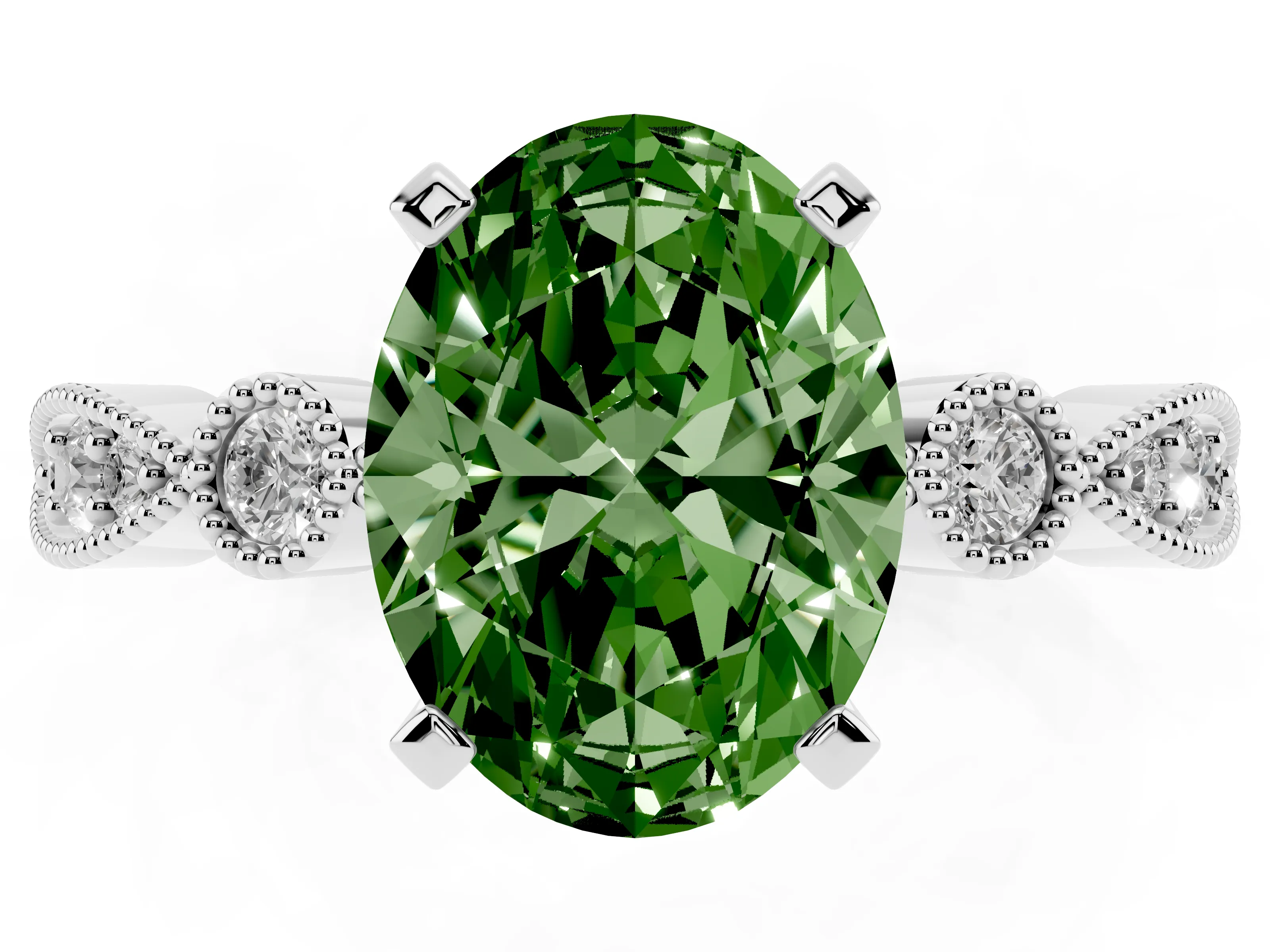 Fancy Green Oval Cut Diamond Solitaire Engagement Ring Set in Silver with Milgrain Bezel Accent Band