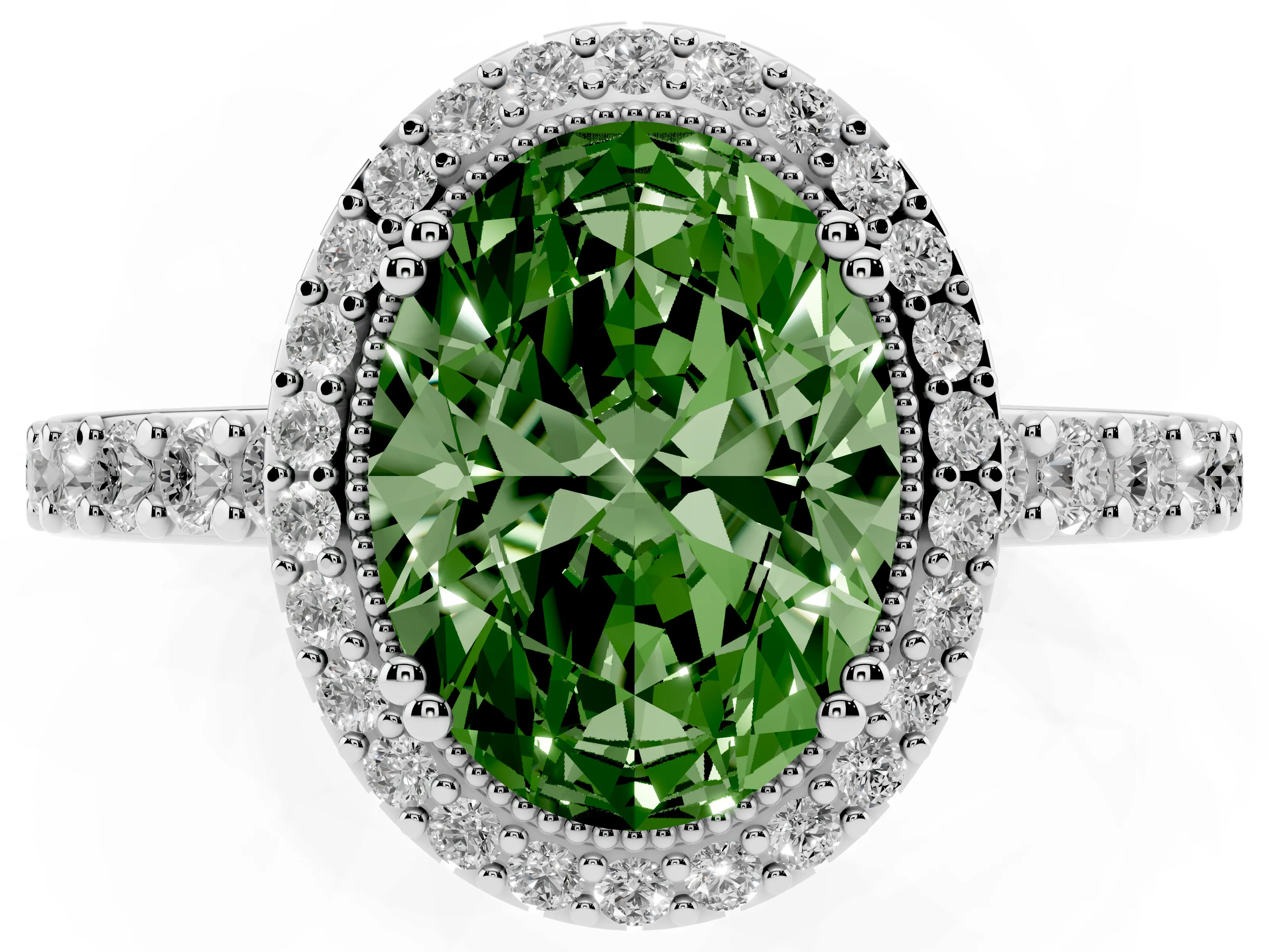 Fancy Green Oval Cut Diamond Halo Engagement Ring Set in Platinum with Milgrain Detail and Pavé Band