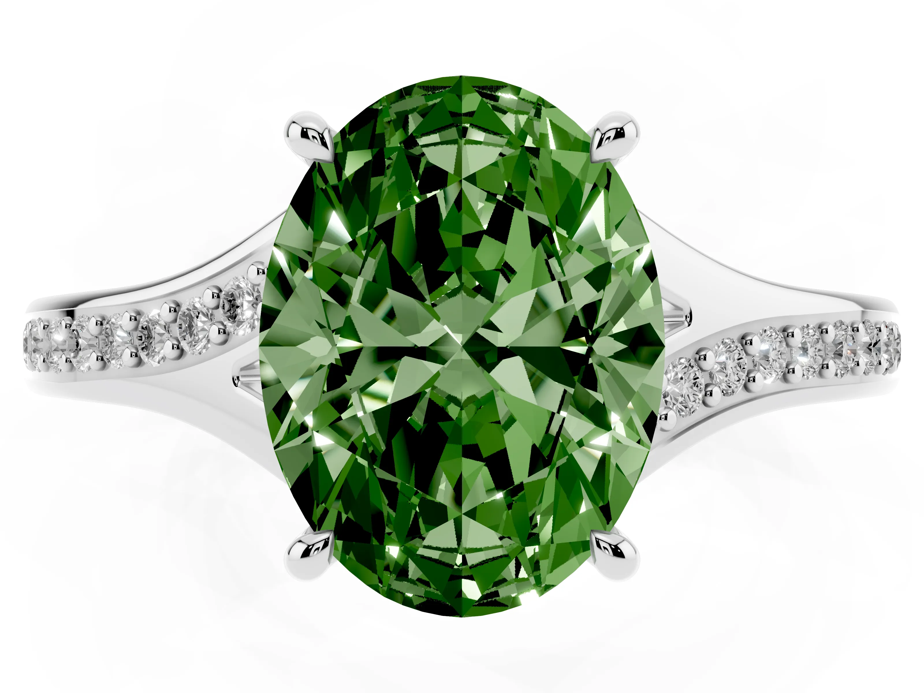 Fancy Green Oval Cut Diamond Solitaire Ring Set in White gold with Pavé Accent Band and Classic Prong Setting