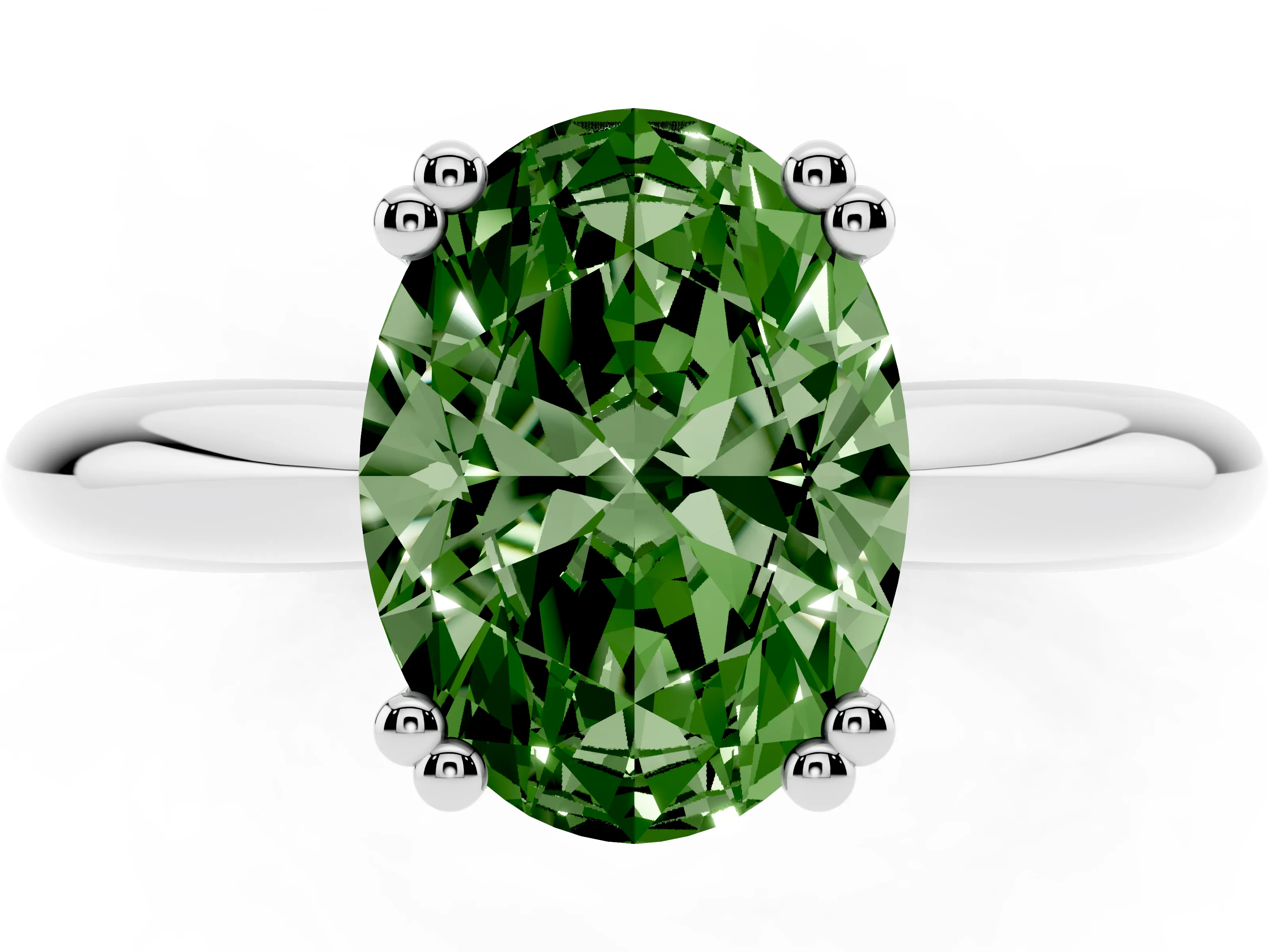 Fancy Green Oval Cut Diamond Solitaire Engagement Ring Set in Platinum with Tapered Band and Prong Setting