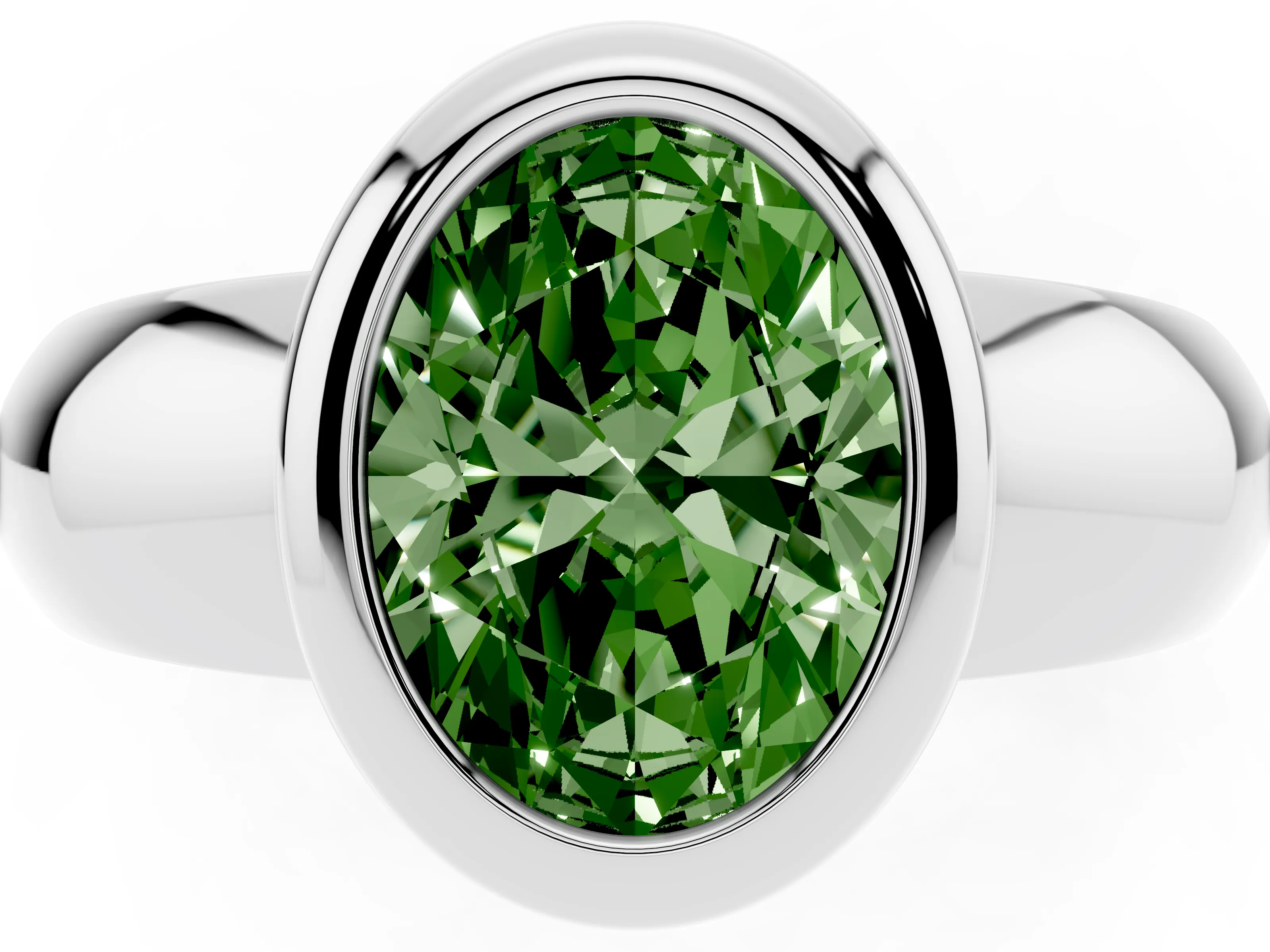Fancy Green Bezel Set Oval Cut Diamond Solitaire Ring Set in Platinum with Wide Band