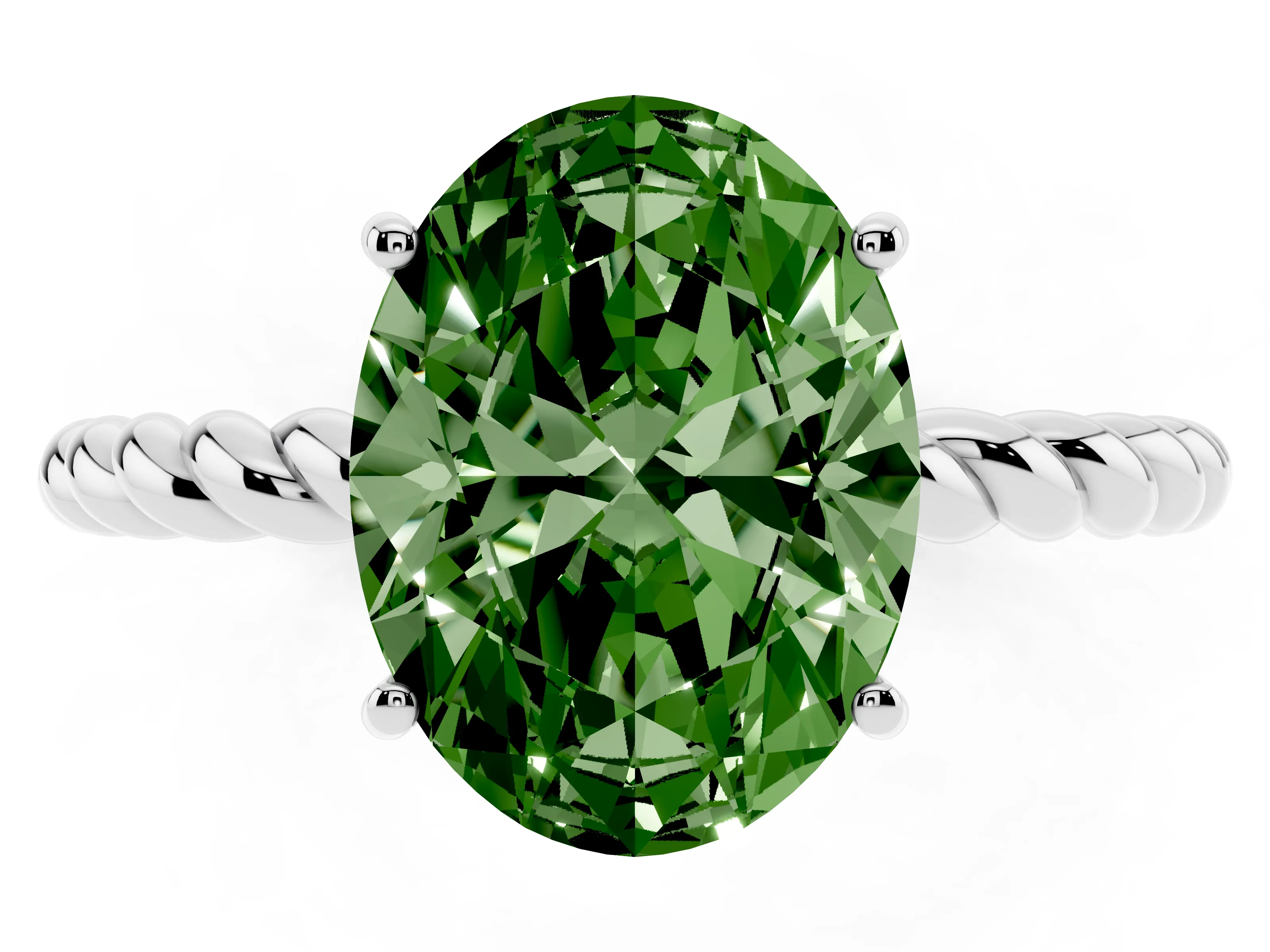 Fancy Green Oval Cut Diamond Solitaire Twisted Band Ring Set in Platinum with Prong Solitaire Setting