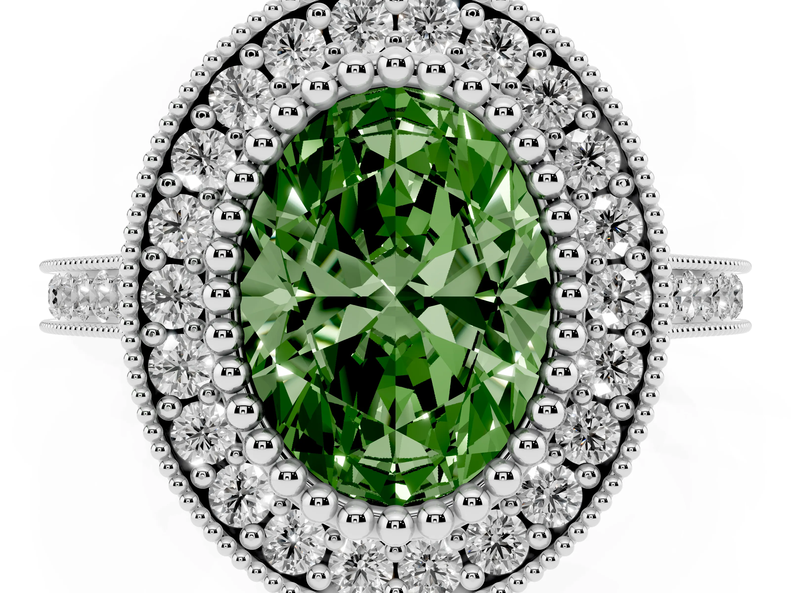 Fancy Green Oval Cut Diamond Halo Ring Set in Silver with Milgrain Frame and Pavé Band