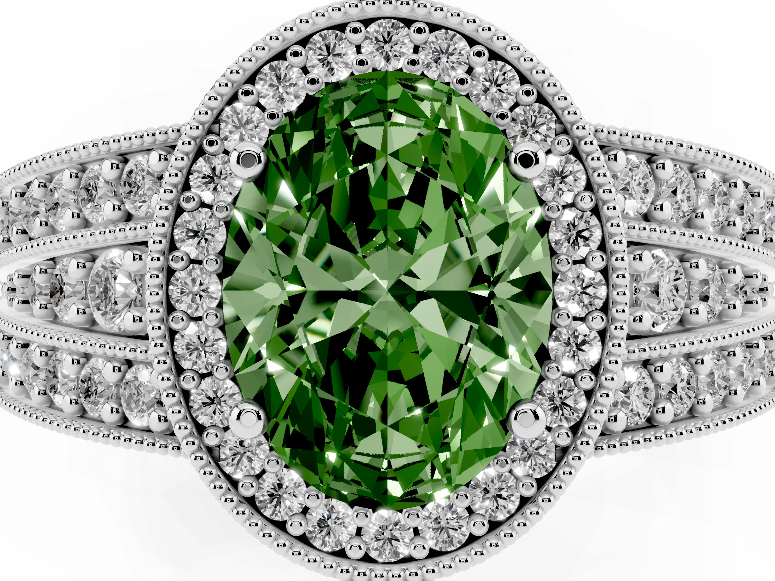 Fancy Green Oval Cut Diamond Halo Ring Set in White gold with Accent Split Shank and Prong Setting