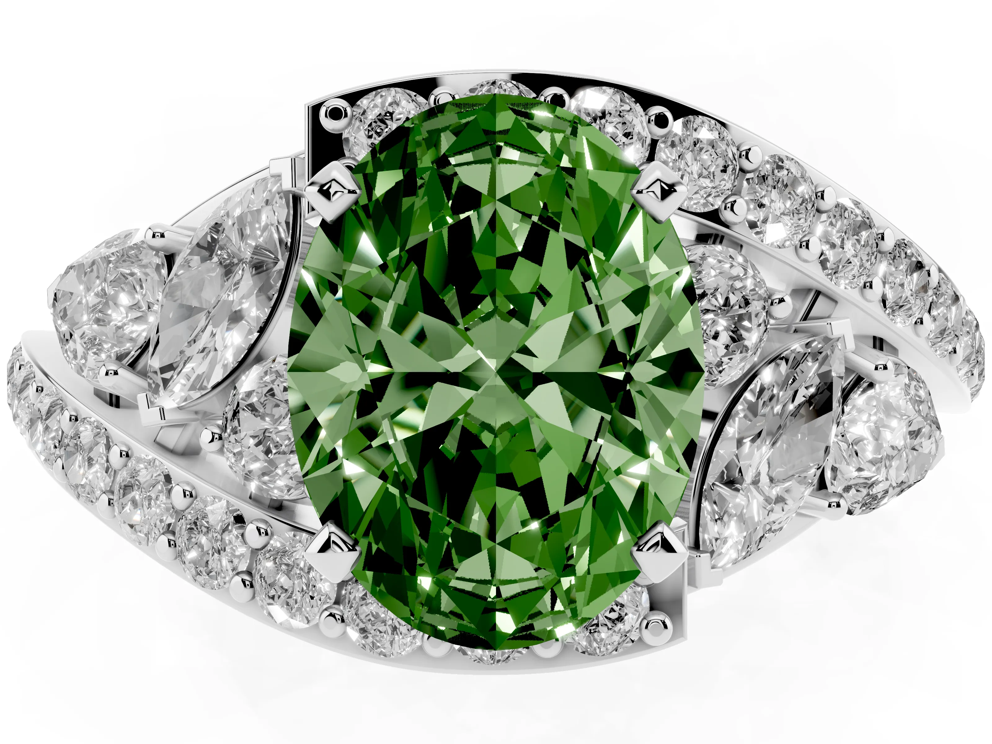Fancy Green Oval Cut Diamond Halo Ring Set in Platinum with Marquise and Pavé Band in Prong Setting