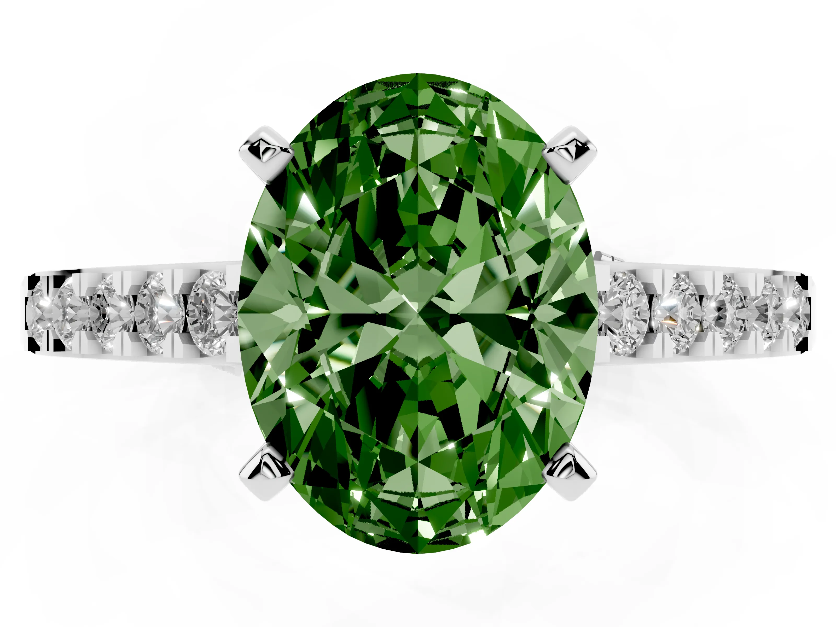 Fancy Green Oval Cut Diamond Solitaire Ring Set in Platinum with Crossover Gallery and Round Pavé Band