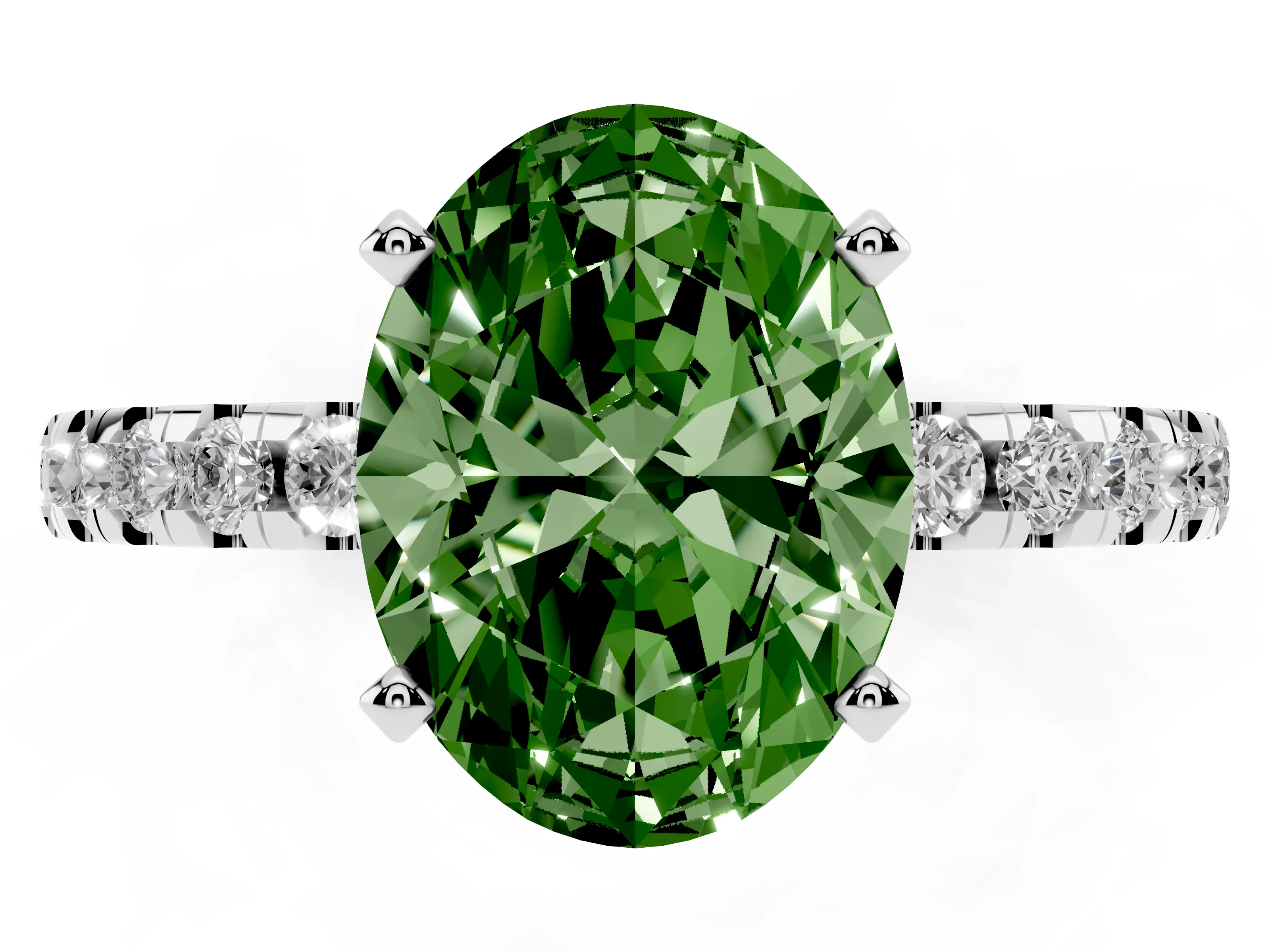 Fancy Green Oval Cut Diamond Pavé Solitaire Ring Set in Platinum with Round Band Accents and Prong Setting