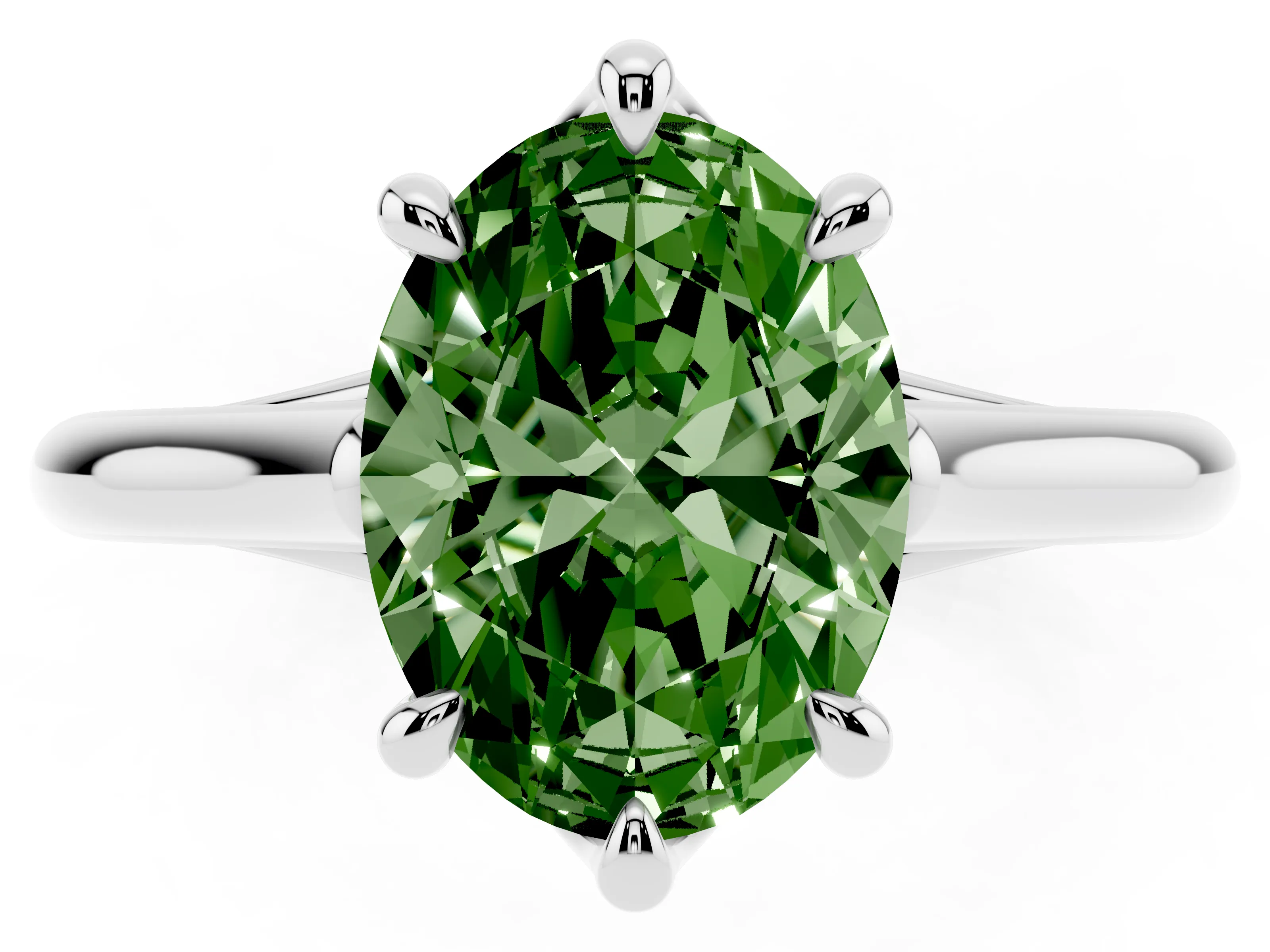 Fancy Green Oval Cut Diamond Solitaire Engagement Ring Set in Platinum with Prong Setting and Plain Classic Band