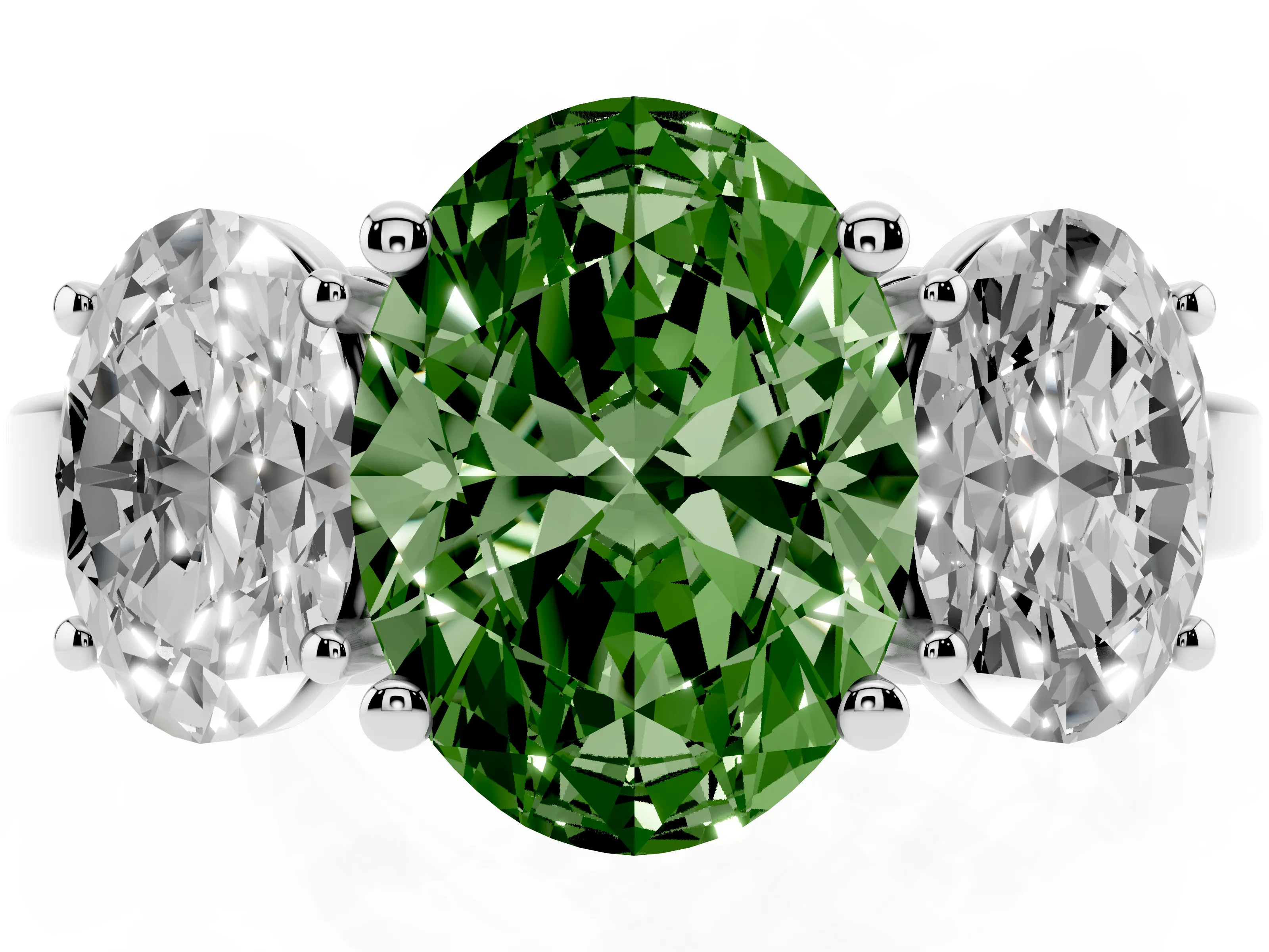 Fancy Green Oval Cut Diamond Three-Stone Engagement Ring Set in White gold with Flat Band