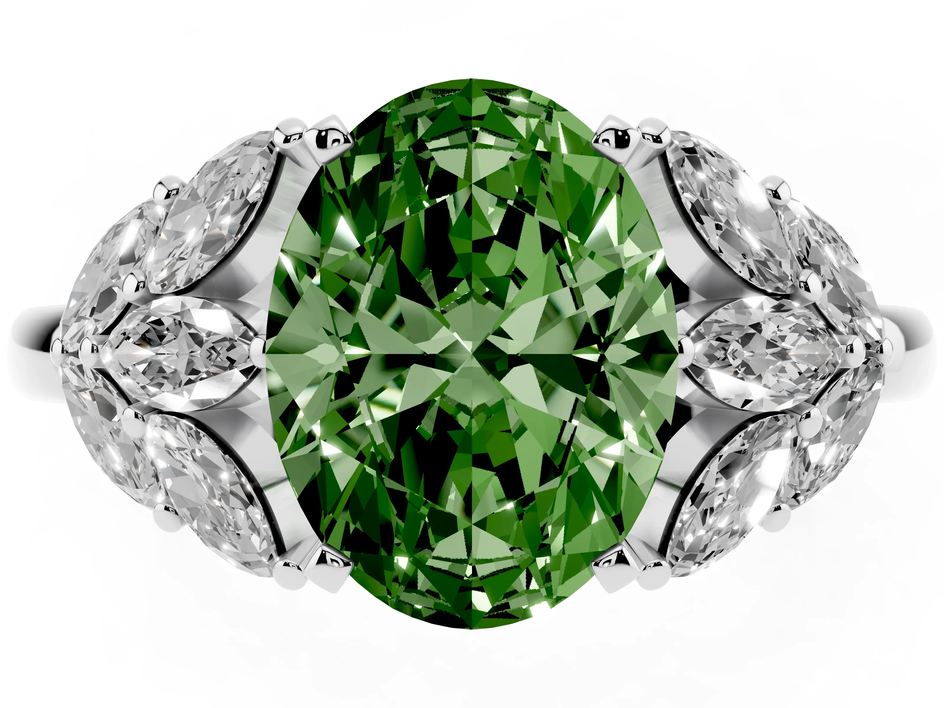 Fancy Green Oval Cut Diamond Cluster Leaf Design Ring Set in White gold with Prong Setting